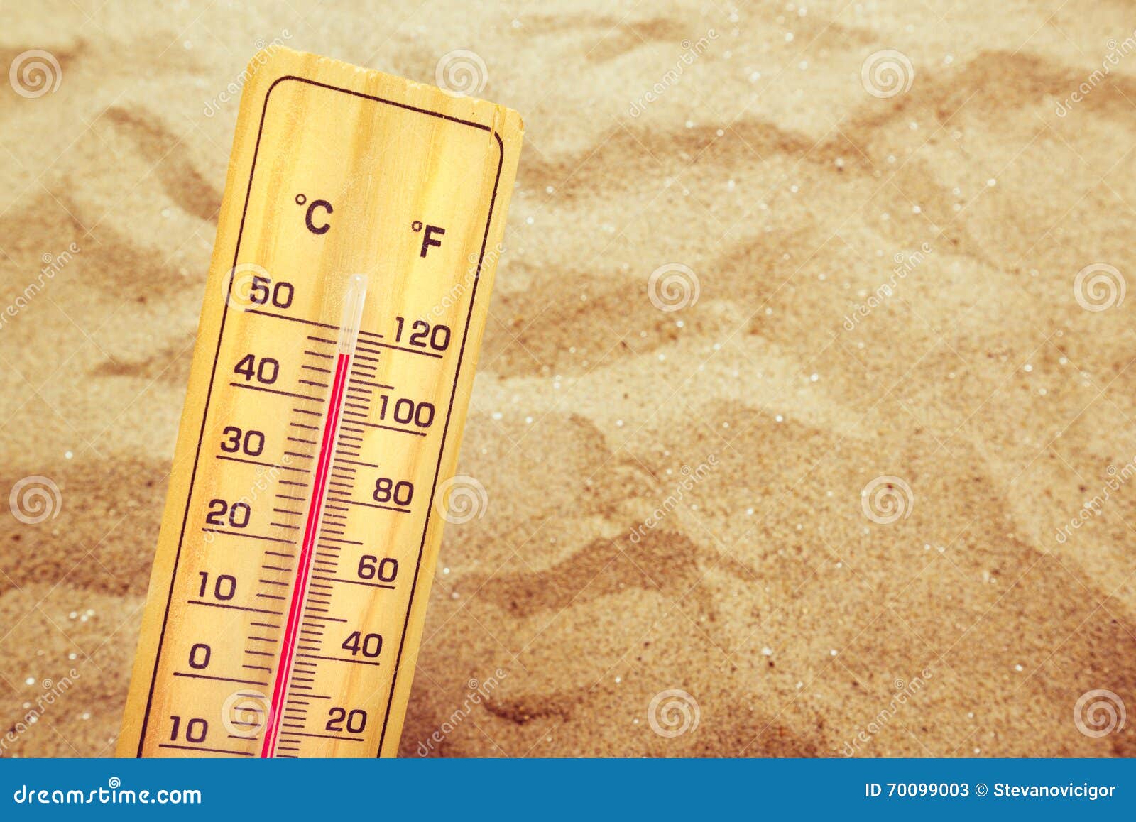 extremely high temperatures, thermometer on warm desert sand