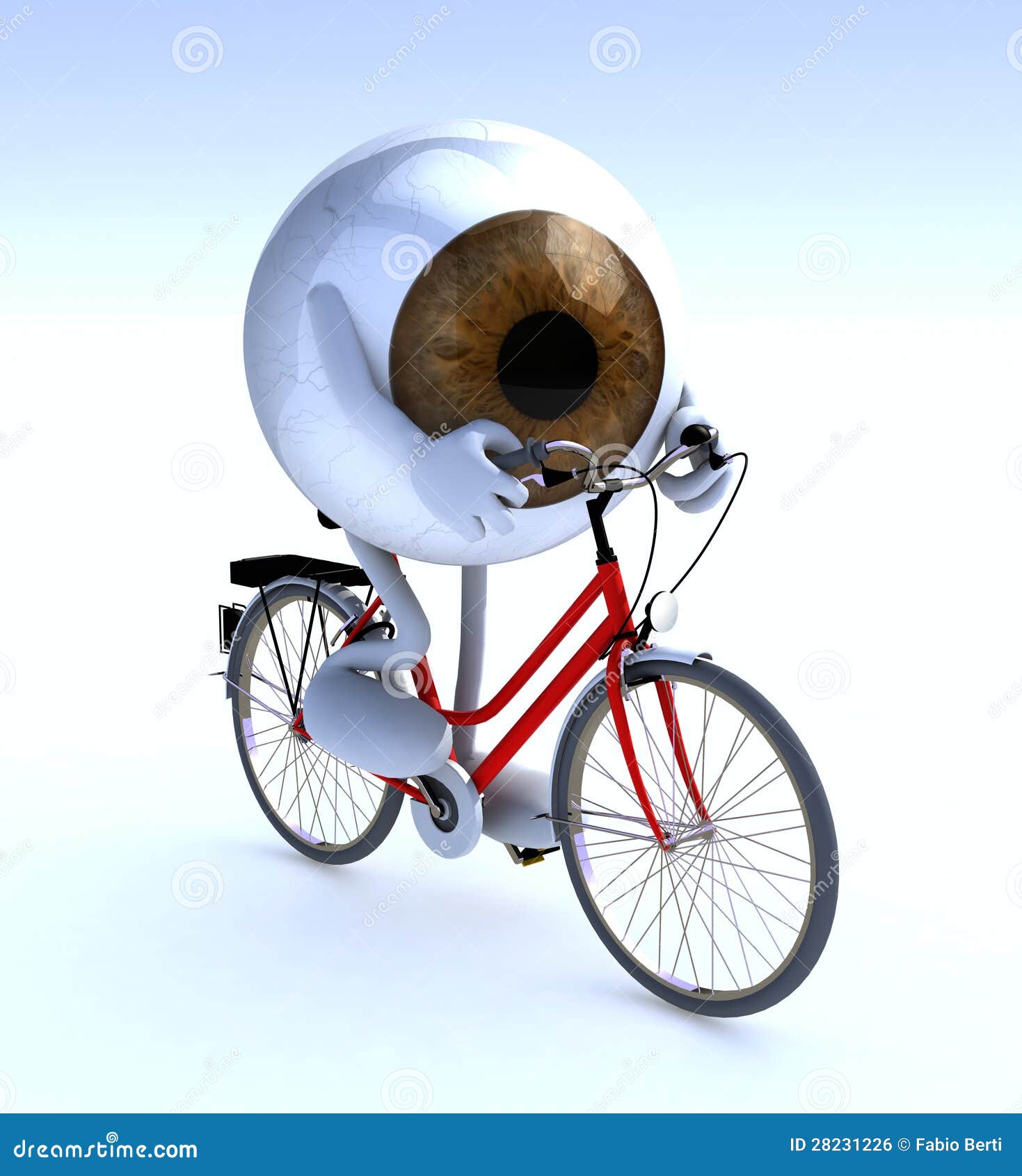eye with arms and legs riding a bycicle
