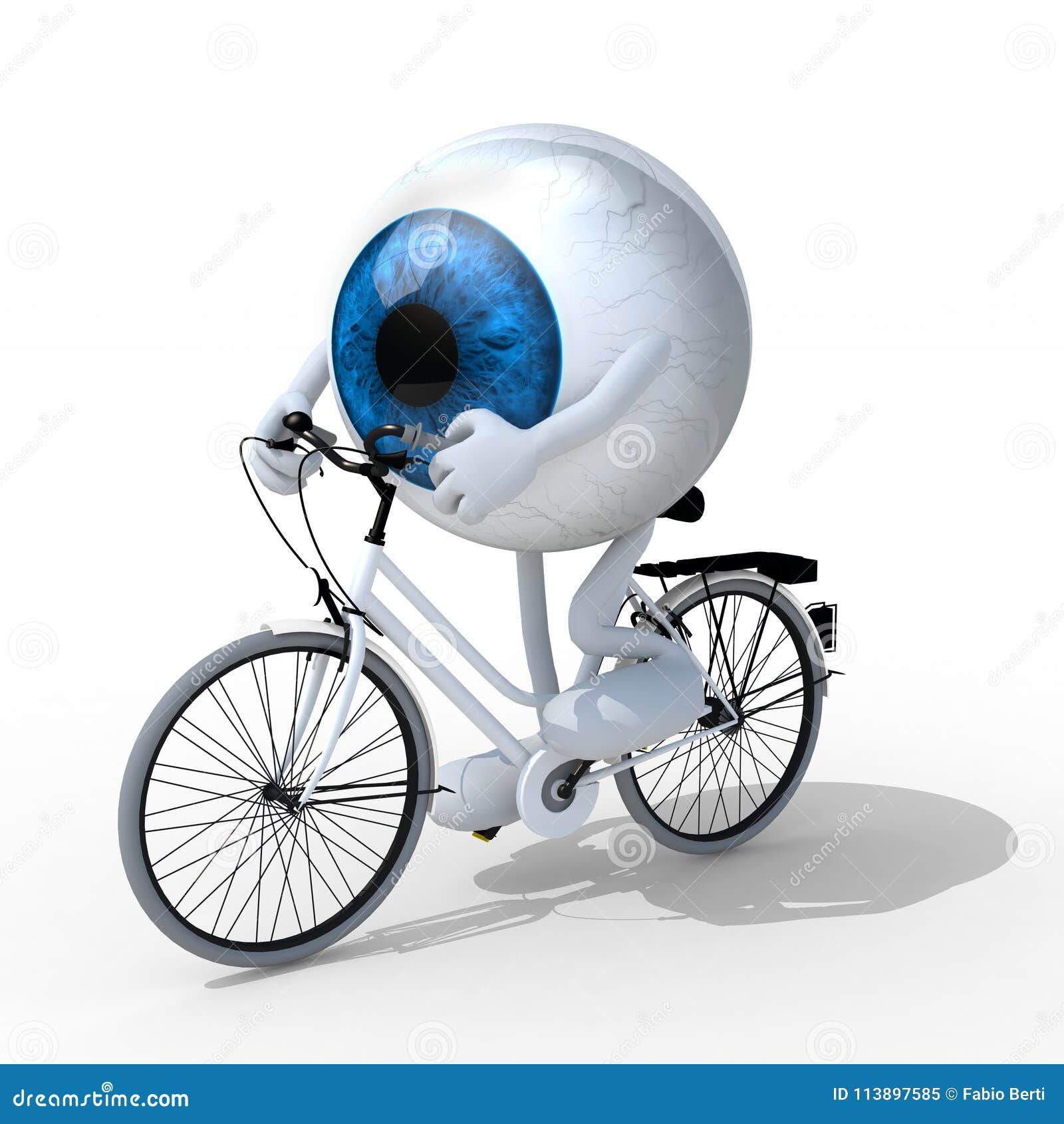 eye with arms and legs riding a bycicle