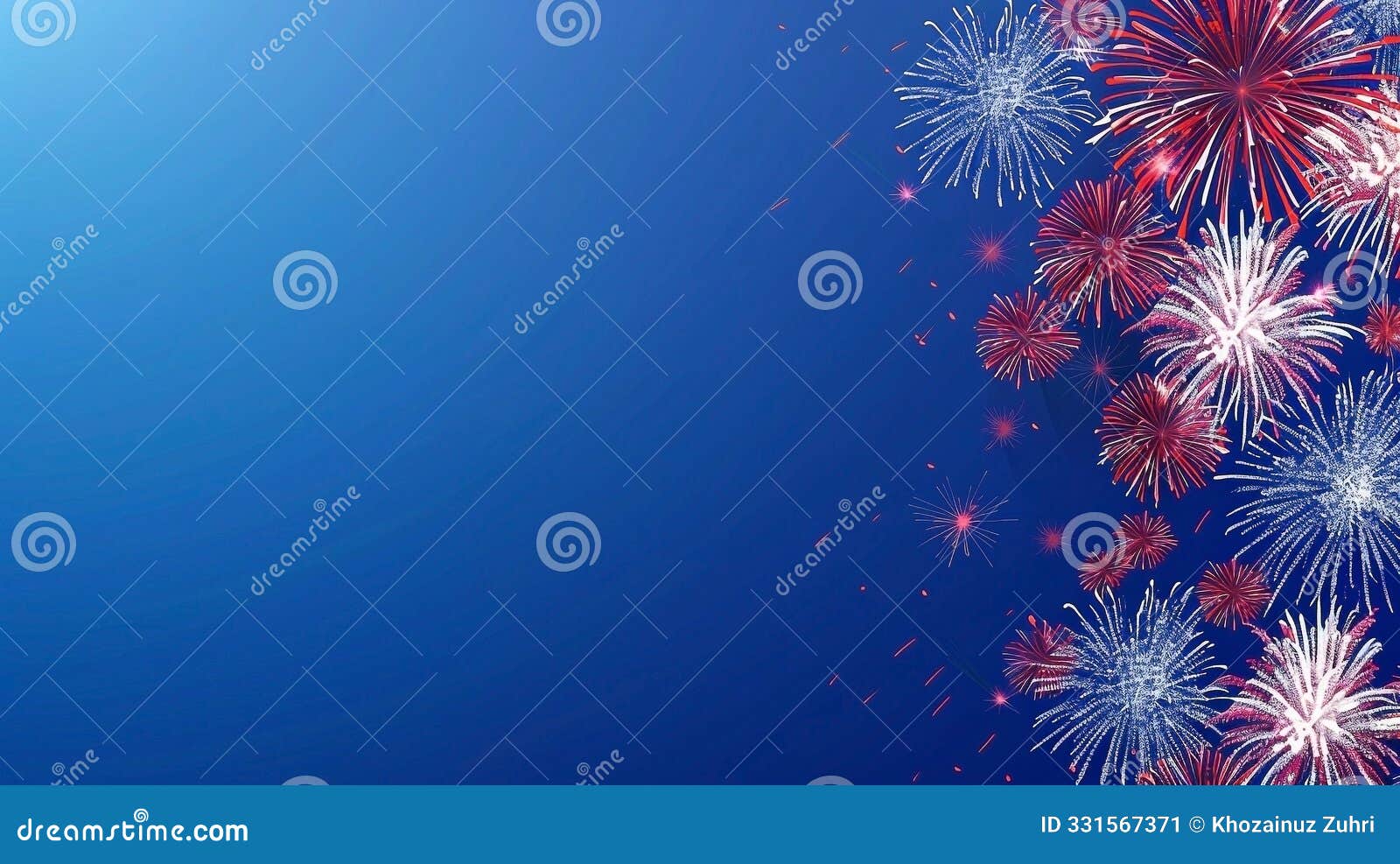 3d fireworks display with red and white stripes on blue background