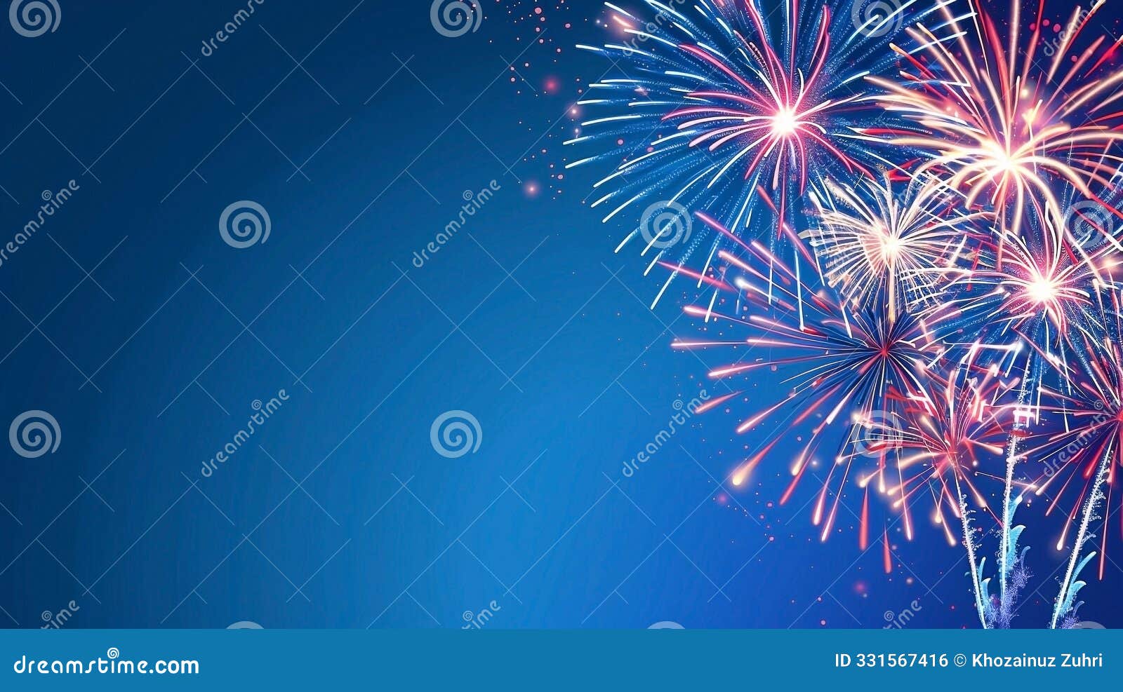 3d fireworks display with red and white stripes on blue background