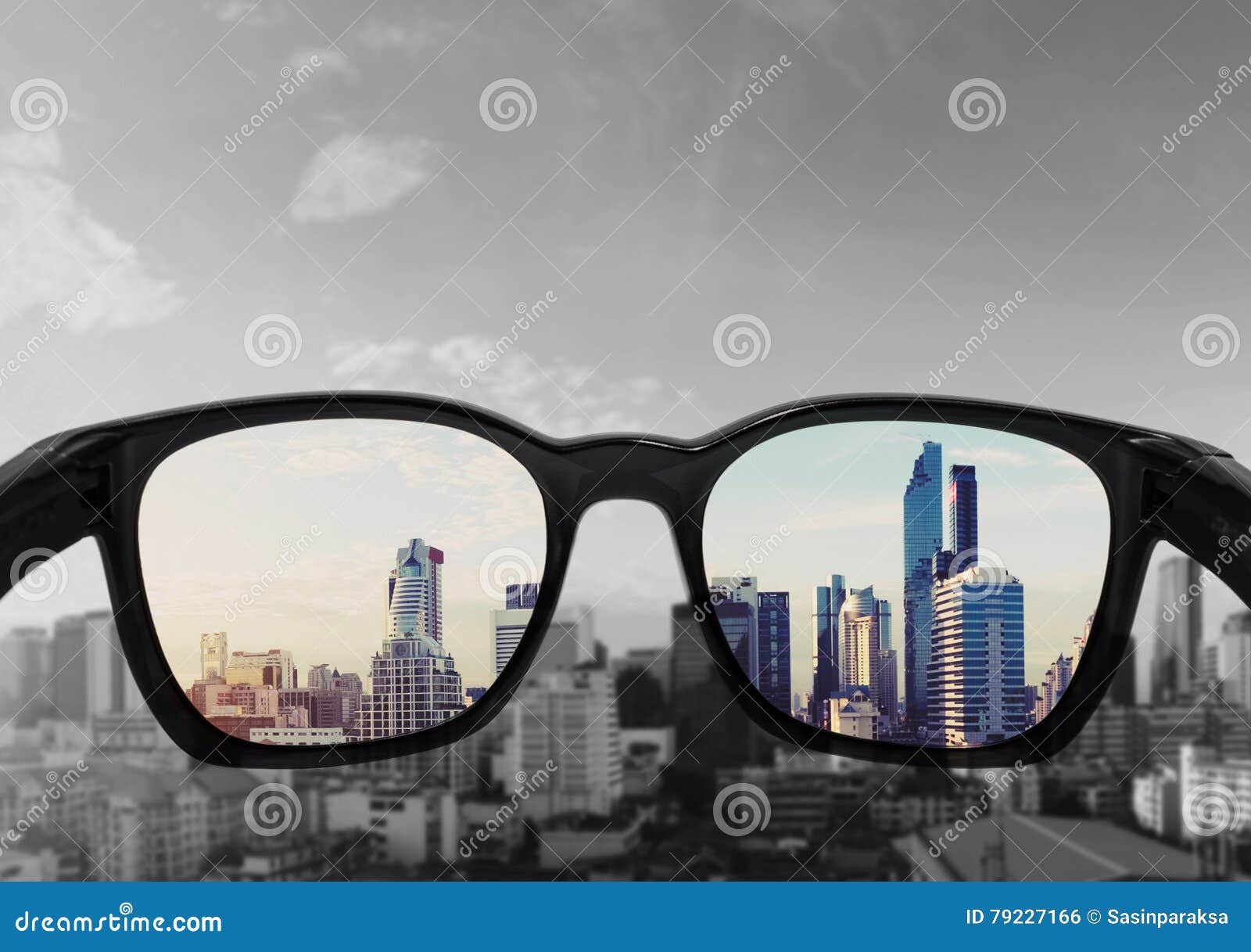 eye glasses looking to city view, focused on glasses lens