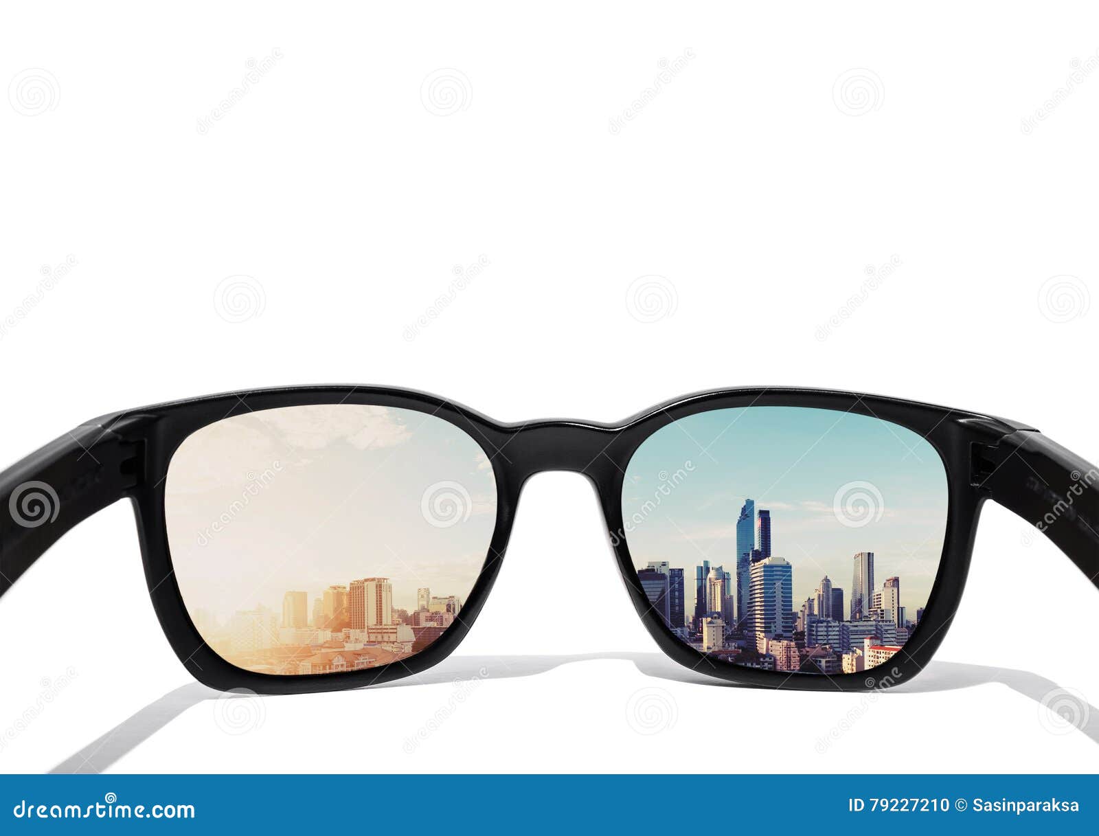 eye glasses looking to city view, focused on glasses lens