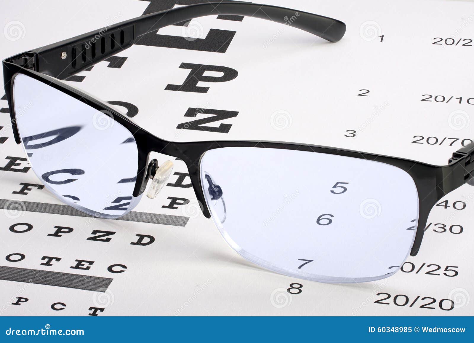 Eye Glasses with Thin Frame Lying on Snellen Chart Stock Image Image