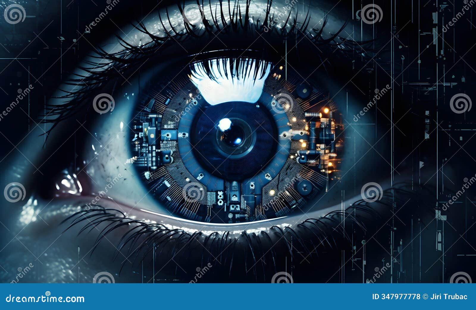 eye in an high tech environment. improved eye with electronic vision chip. futuristic concept of innovative technology