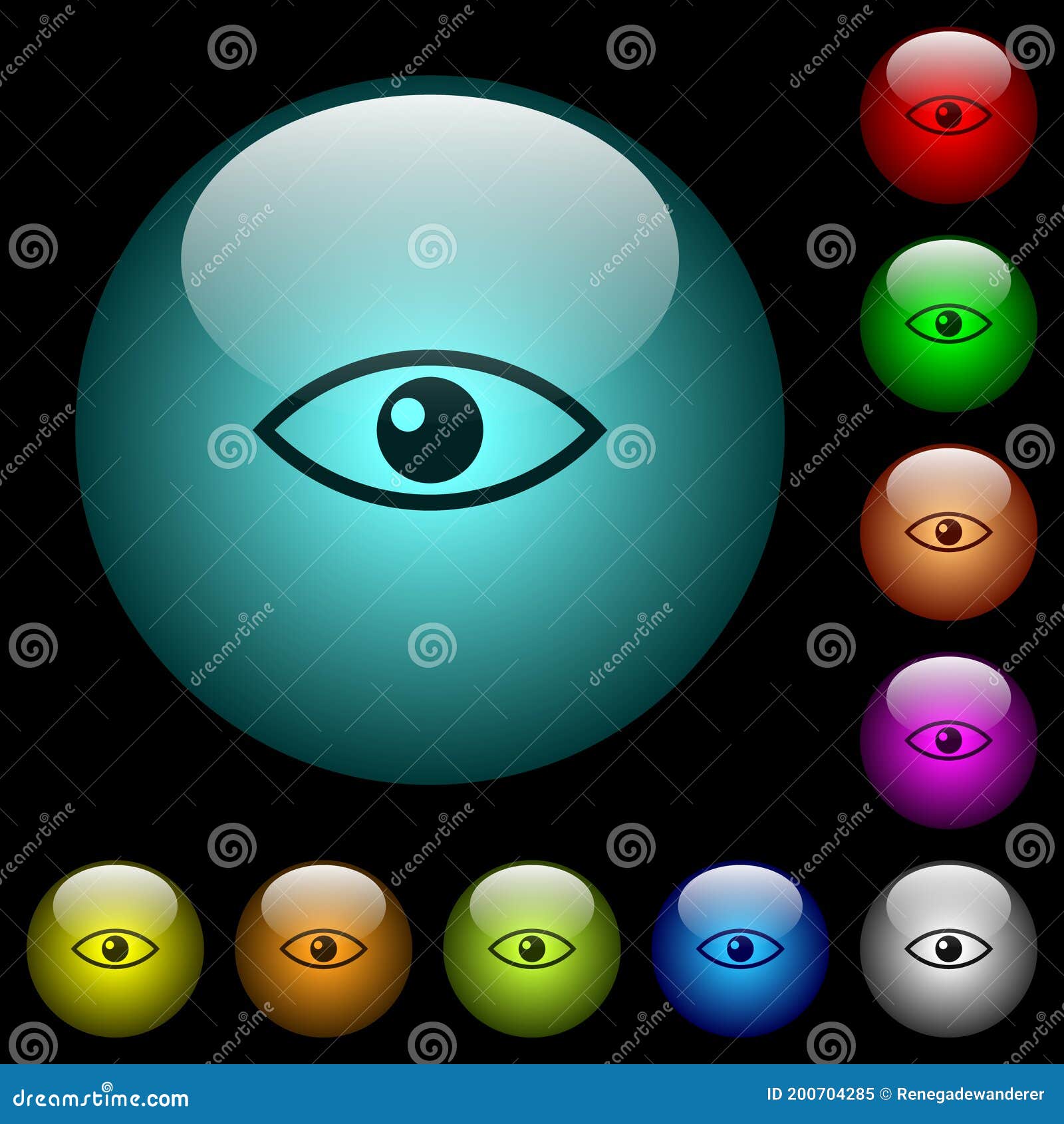 eye icons in color illuminated glass buttons