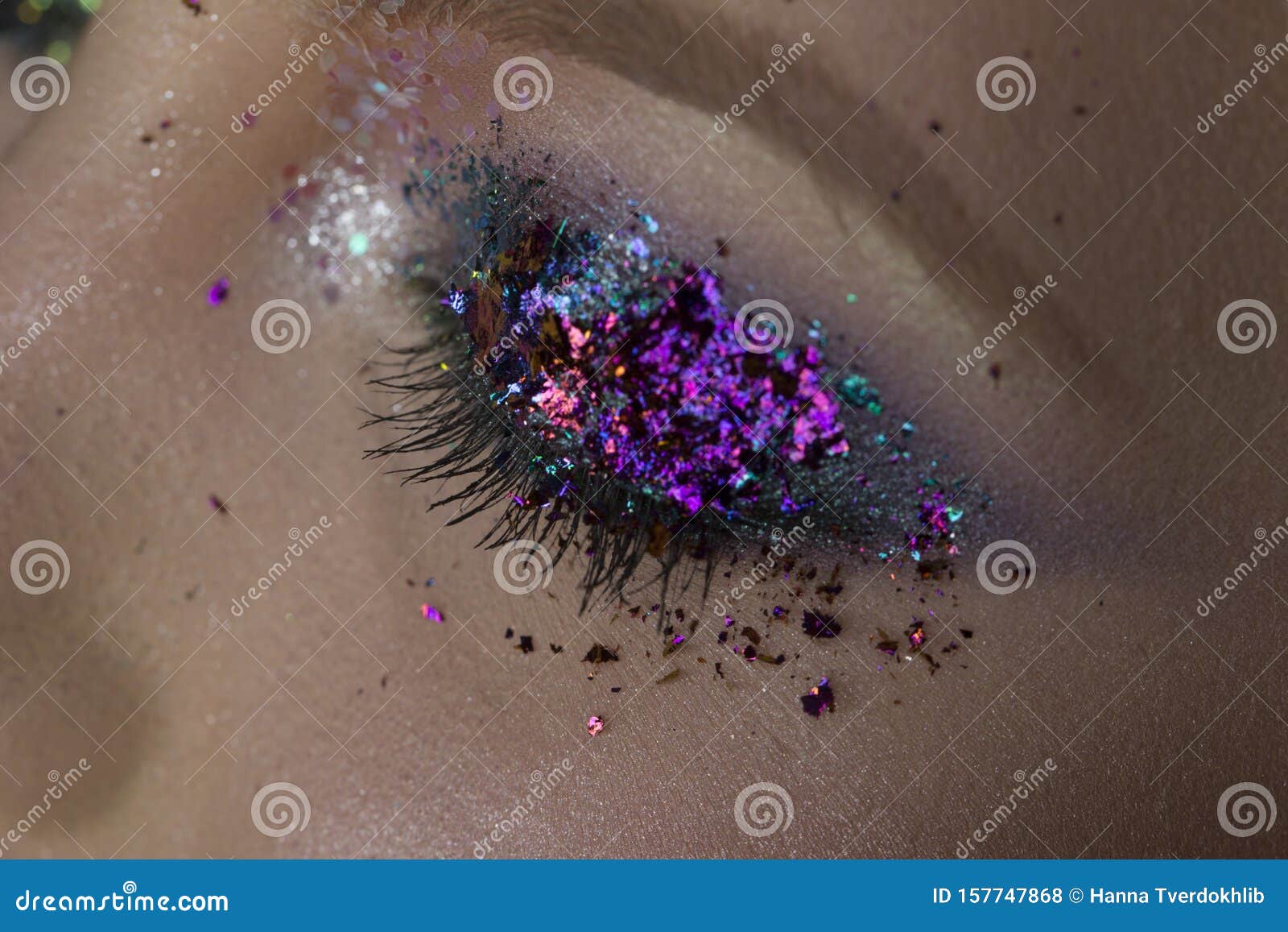 Eye, Makeup for Party Closeup. Eye Shadows with Purple Sequins ...