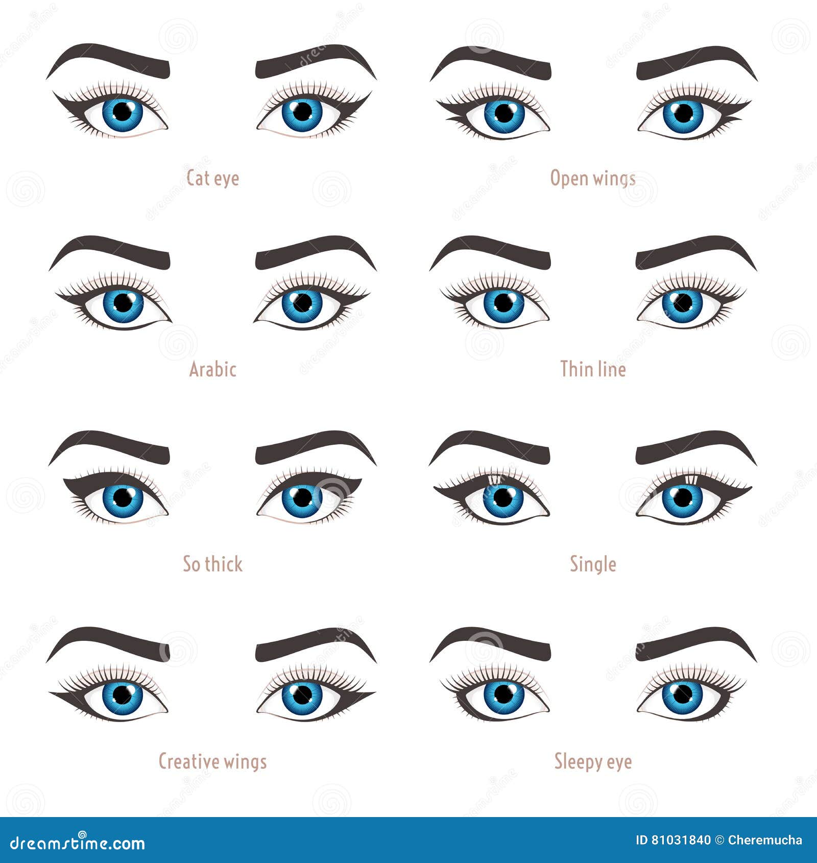 eye makeup types. eyeliner  tutorial.  set with captions.