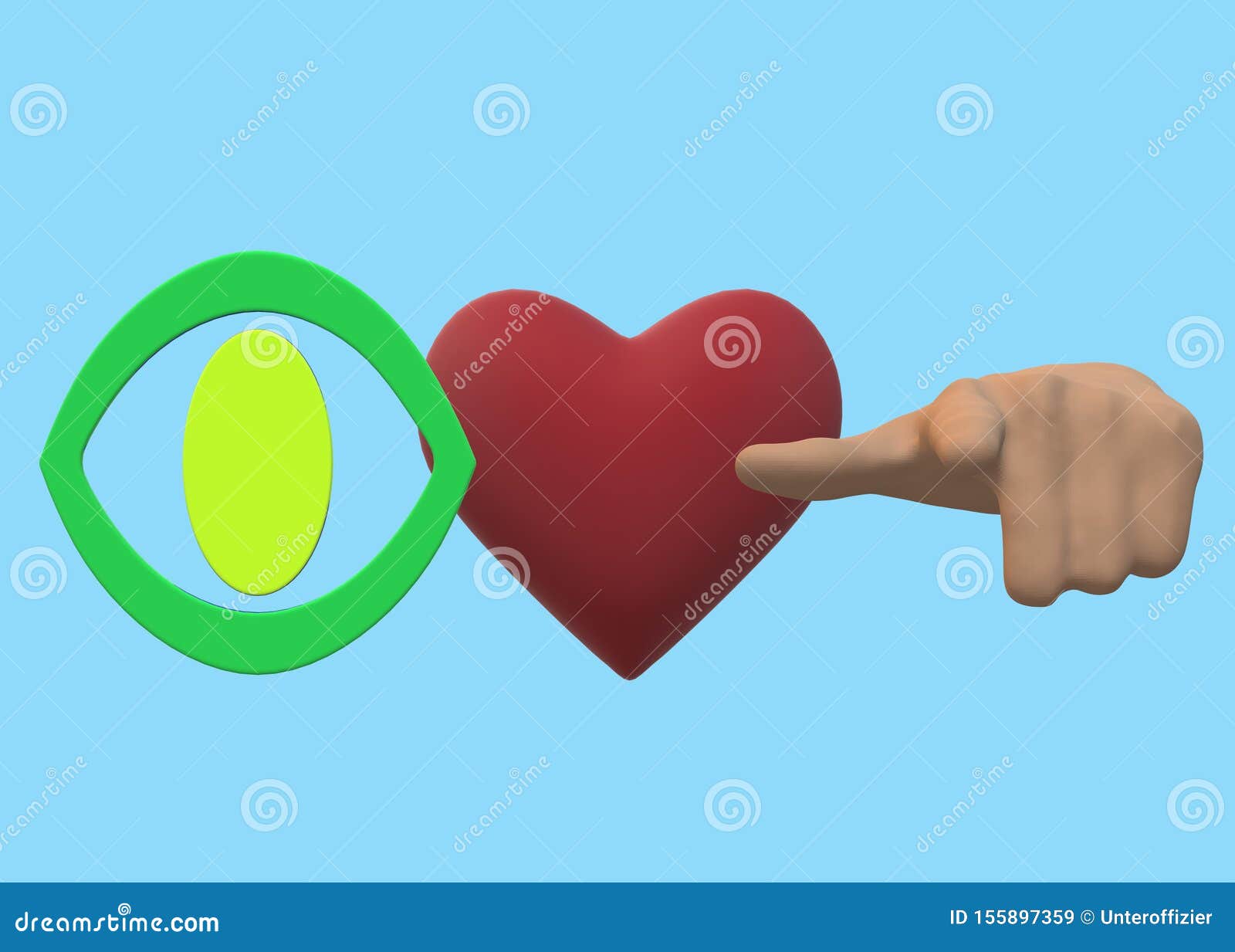 an eye, a red heart  and a hand pointing at the viewer - i love you literally