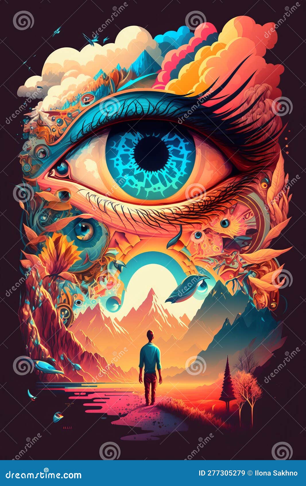 Eye in the Sky, Clouds and Mountains Psychedelic Stock Illustration