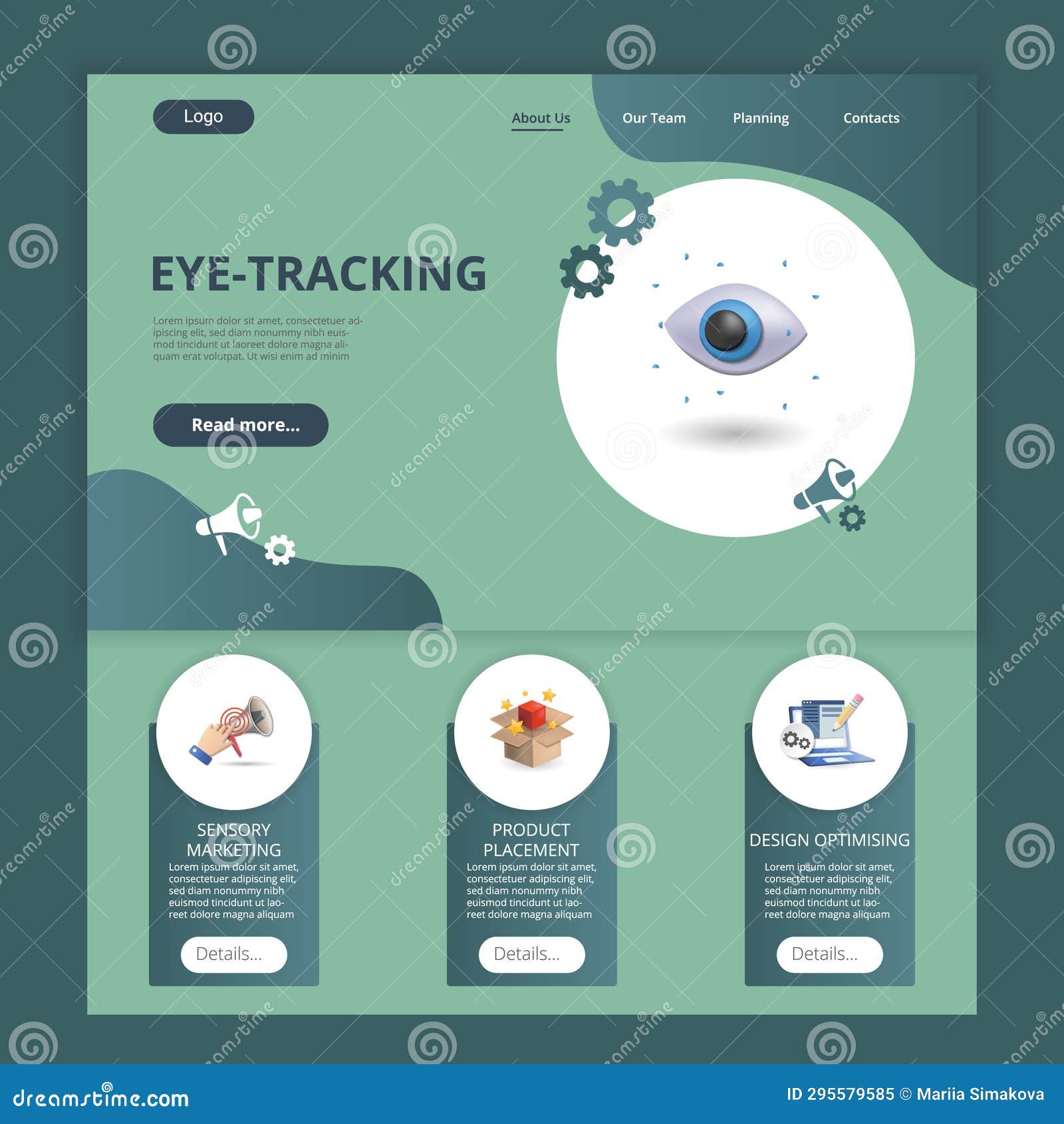 eye-tracking flat landing page website template. sensory marketing, product placement,  optimising. web banner