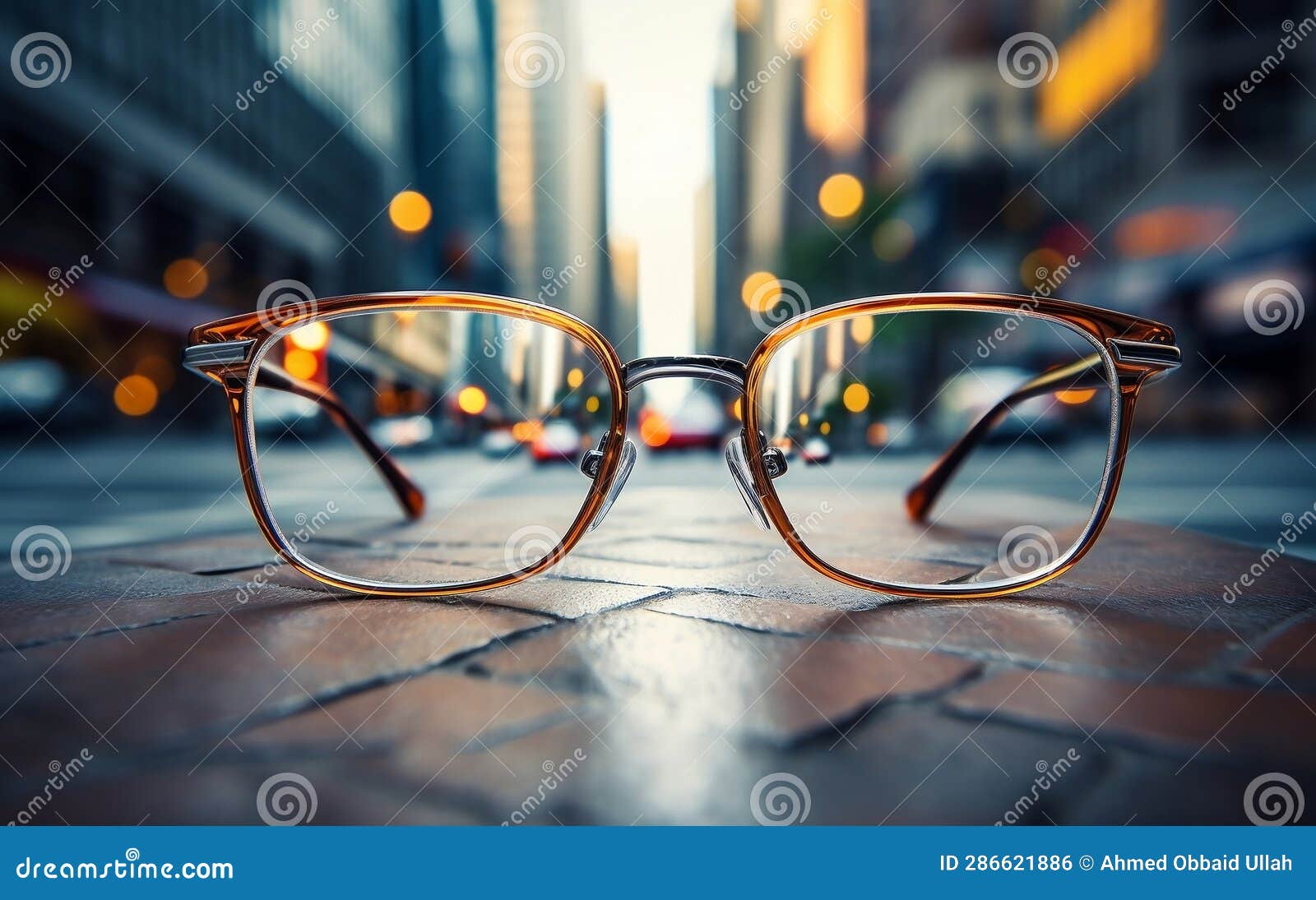 Eyeglasses on an Abstract City Background, Generative Ai Stock Photo
