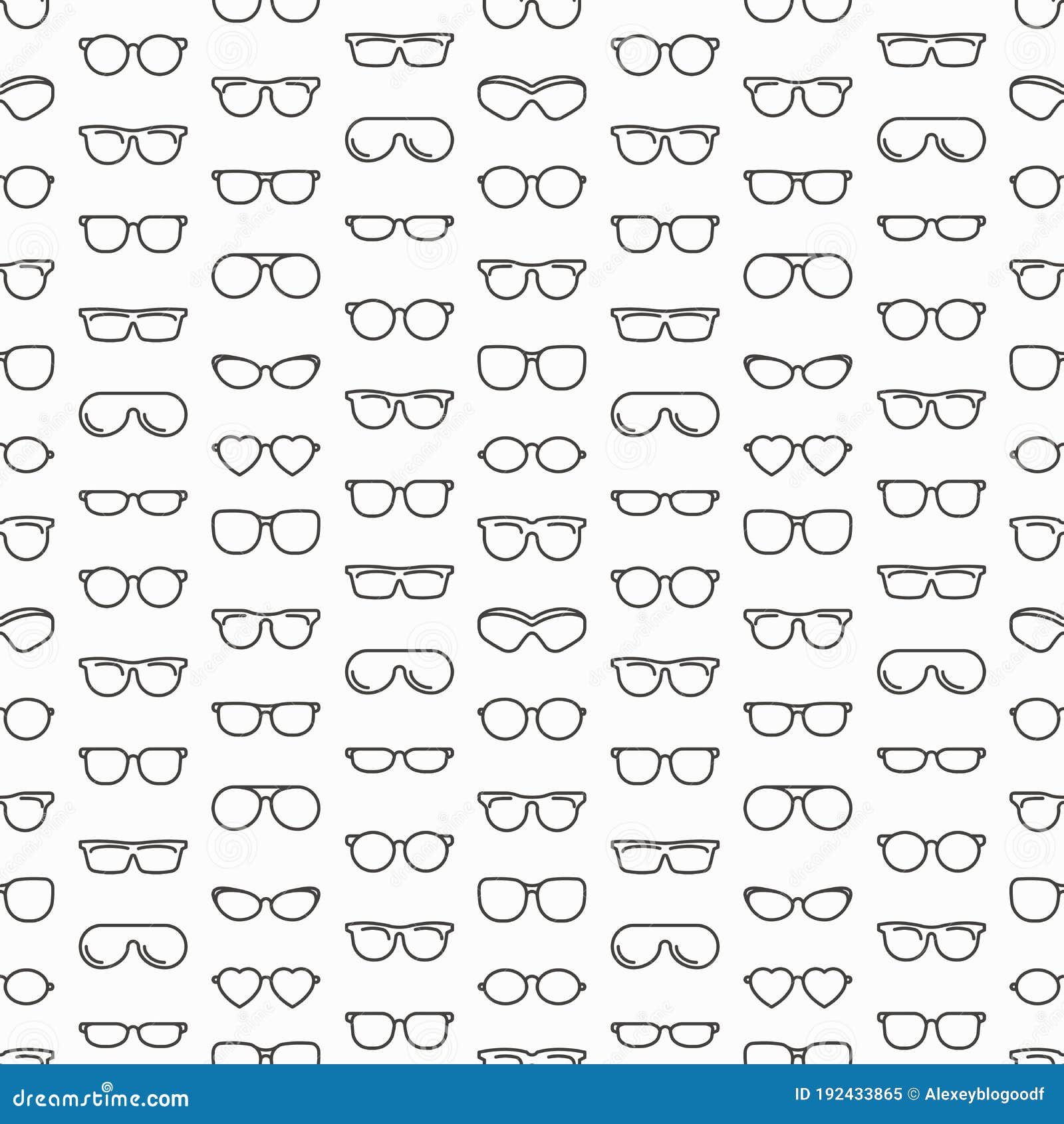 eyeglasses seamless pattern with thin line icons: sunglasses, sport glasses, rectangular, aviator, wayfarer, round, square, cat