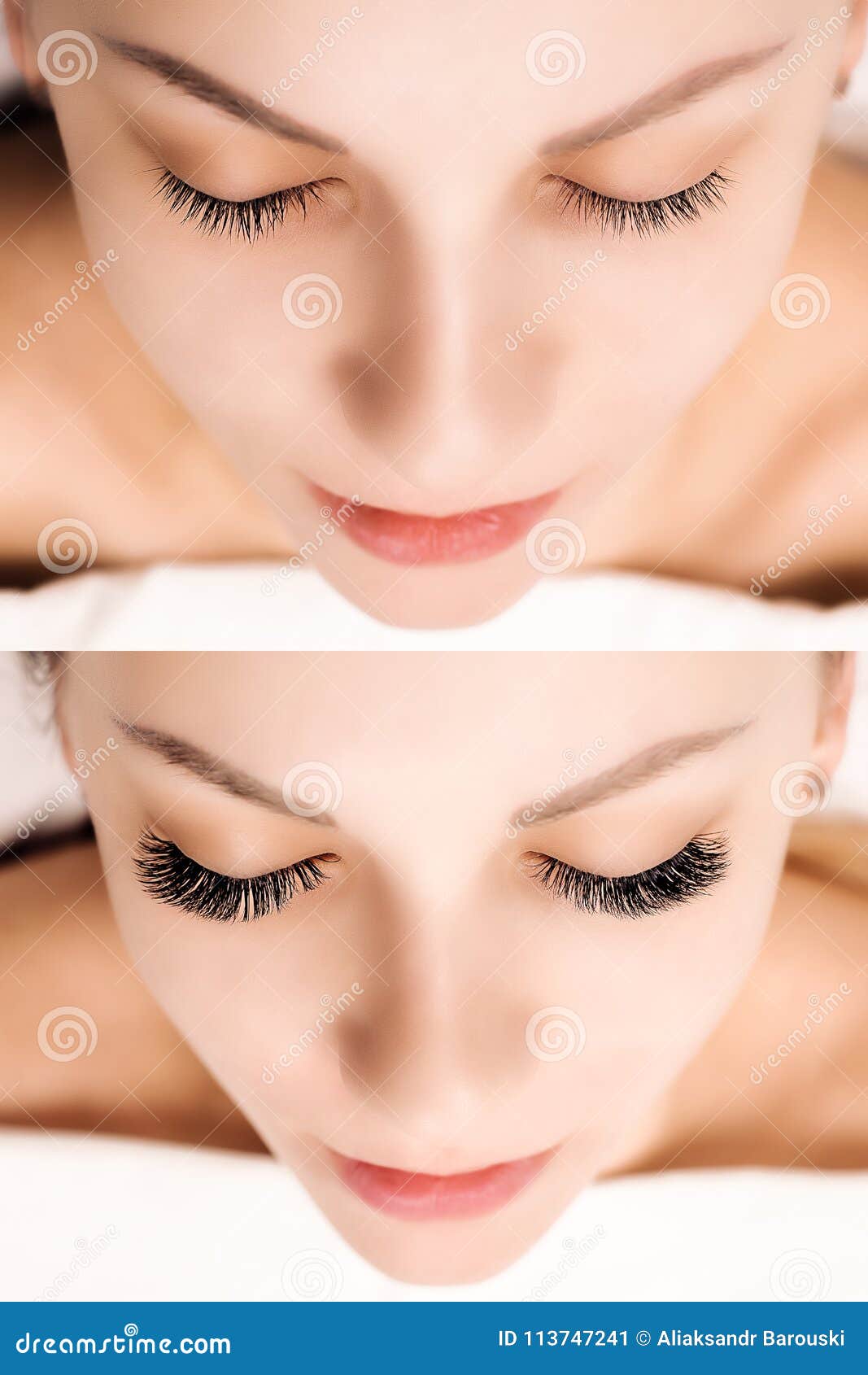 Eyelash Extension. Comparison of Female Eyes before and after. Stock