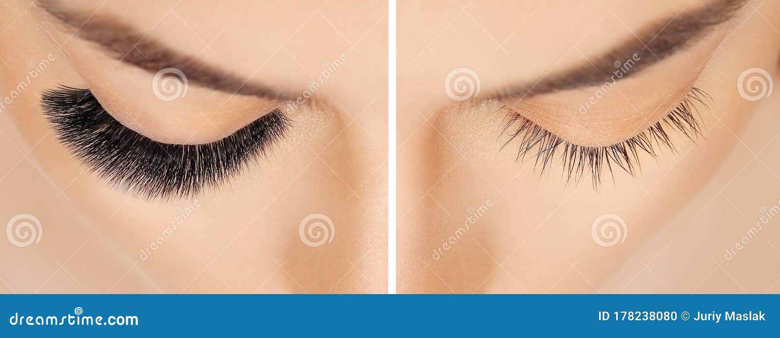 eyelash extension procedure before after. false eyelashes. close up portrait of woman eyes with long lashes in beauty