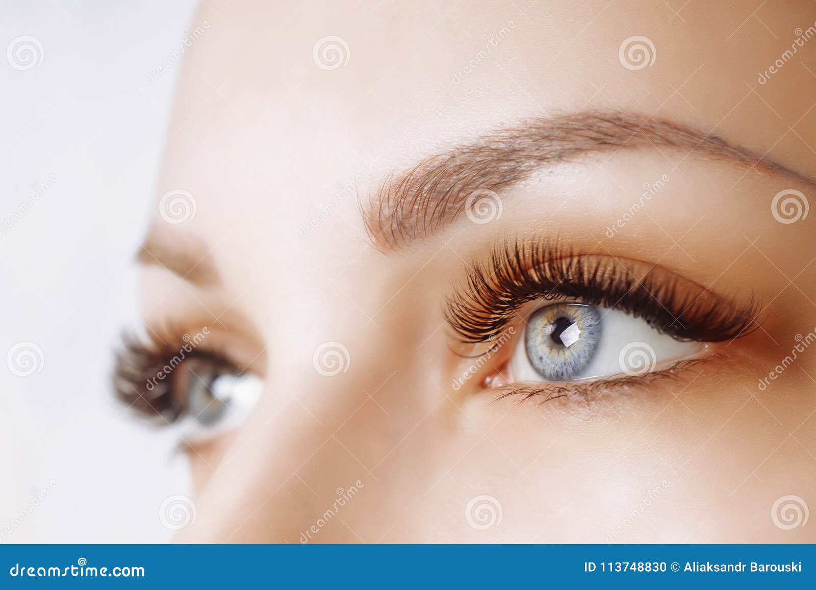 eyelash extension procedure. woman eye with long eyelashes. close up, selective focus.