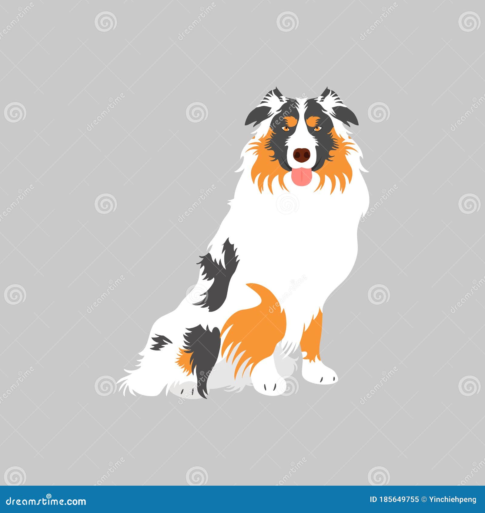 Australian Shepherd or Aussie Dog Sitting Isolated on Gray Background. Cartoon Dog Puppy Icon Vector. Hand Drawn Childish Stock Vector - Illustration of background, character: