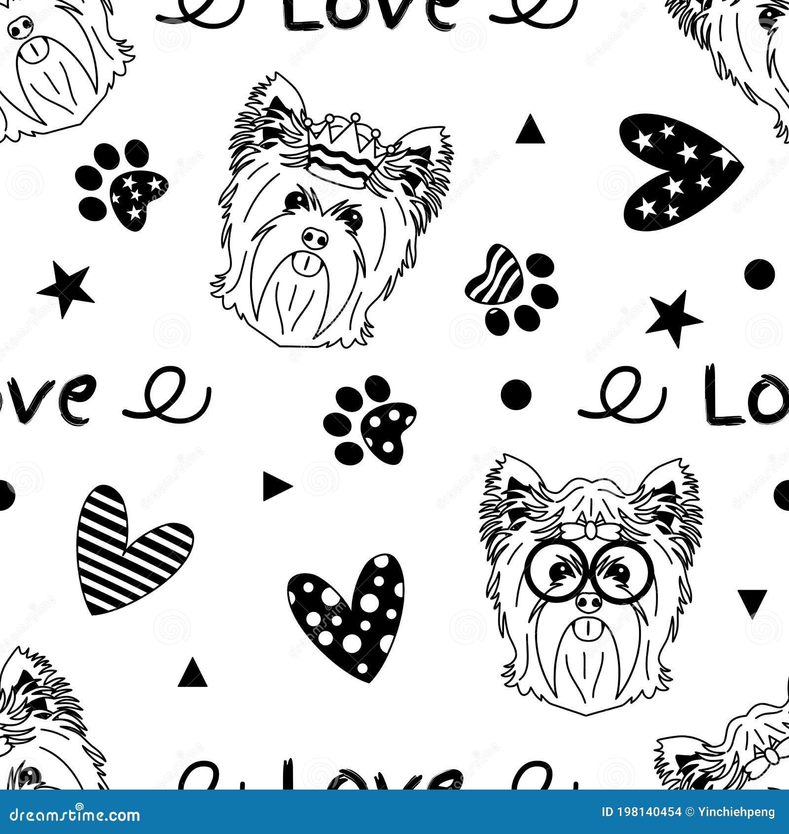 Doodle Yorkshire Head Seamless Pattern Background with Hearts, Paw Prints. Cartoon Yorkie Dog Puppy Background. Stock Illustration - Illustration of design, 198140454