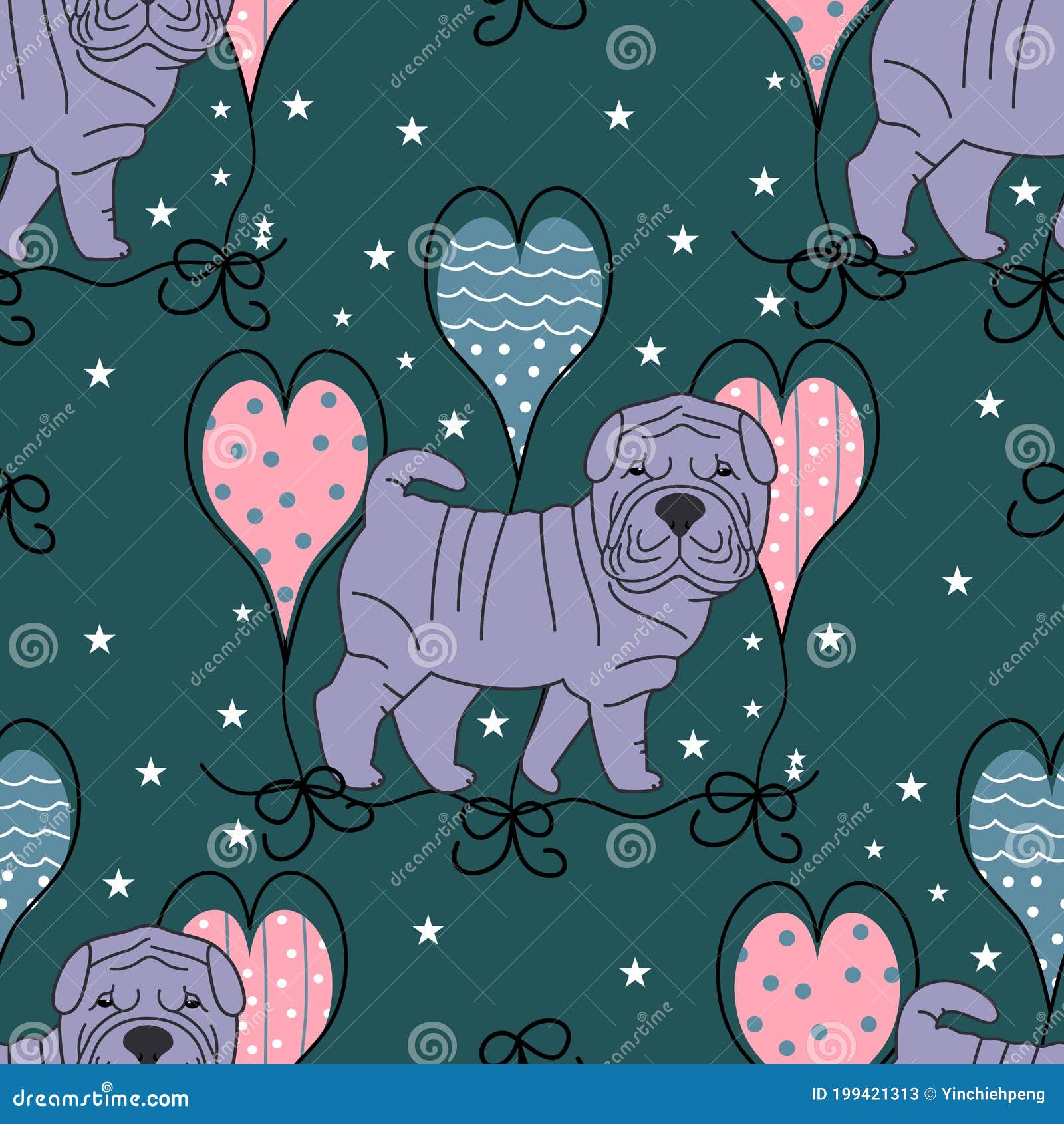 Blue Shar Pei Puppies Seamless Pattern Background With Heart Balloons Cartoon Dog Puppy Background Hand Drawn Childish Vector Stock Illustration Illustration Of Looking Character 199421313