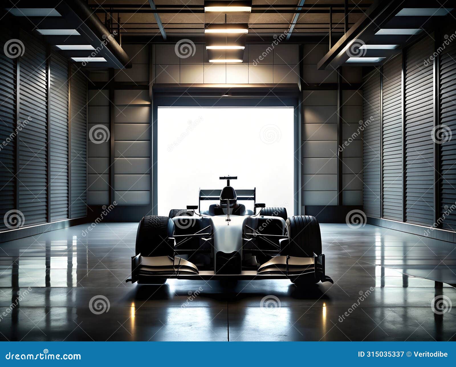 f1 car silhouette in a dimly lit garage.f1 racing concep- ai generated