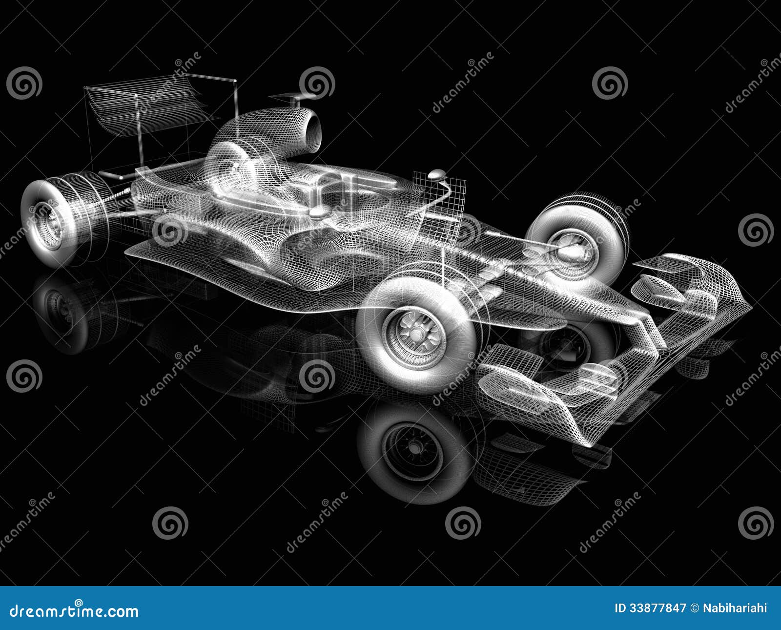 3d Model Race Car on a Black Background with Reflection. 3d