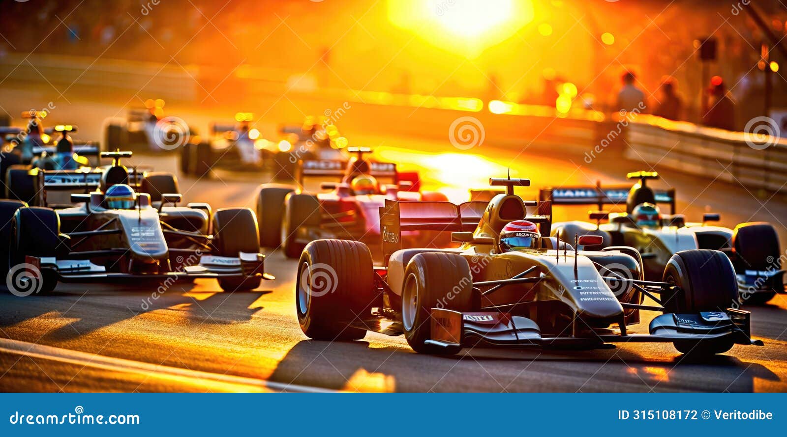 group of f1 cars in full race with blurred sunset background . ai generated