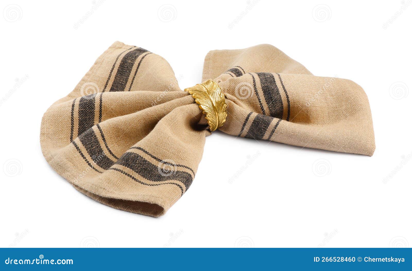 Fabric Napkin with Decorative Ring on White Background Stock Photo