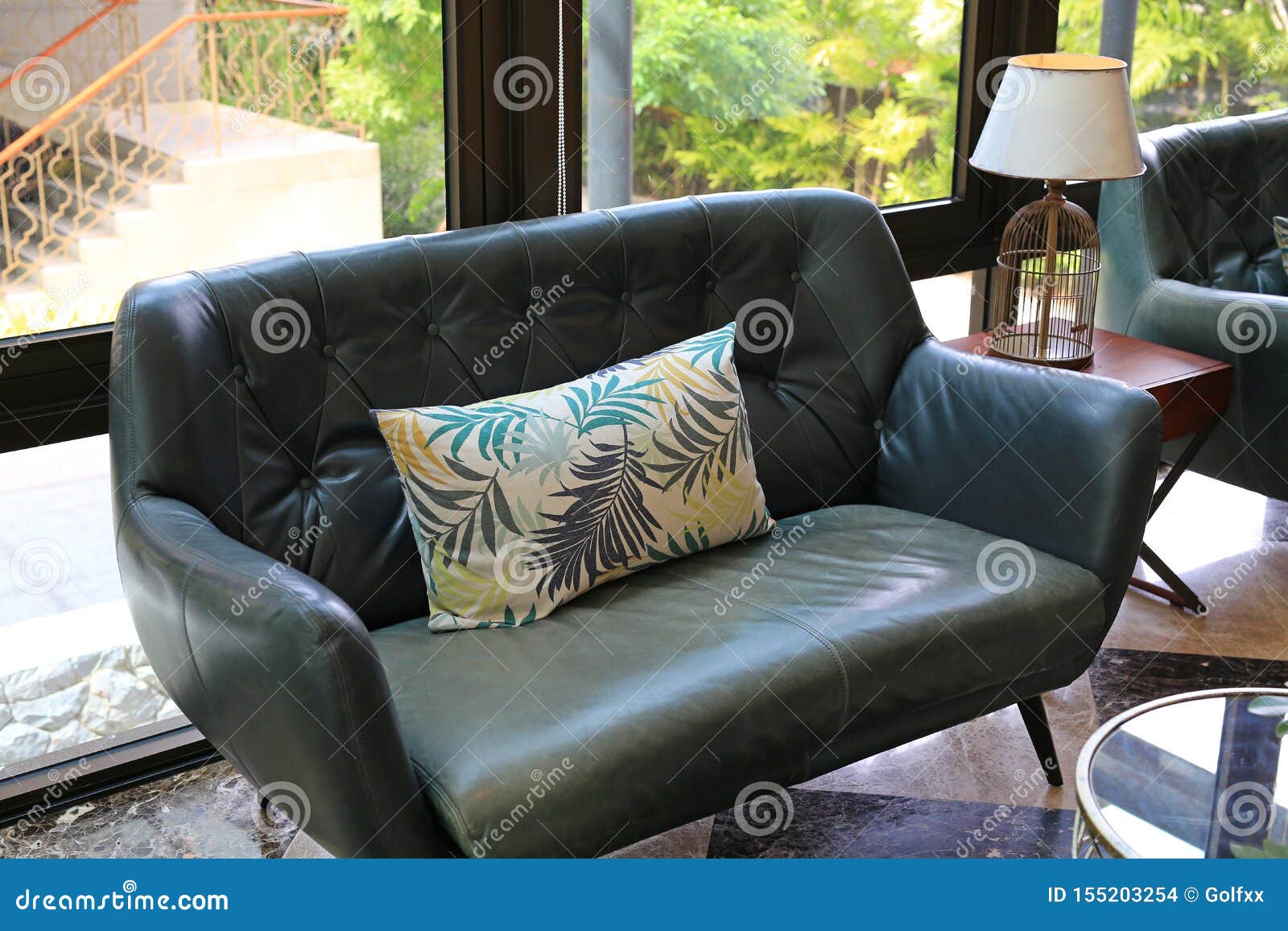 Fabric Pillows on Leather Sofa Stock Photo Image of cover, indoors