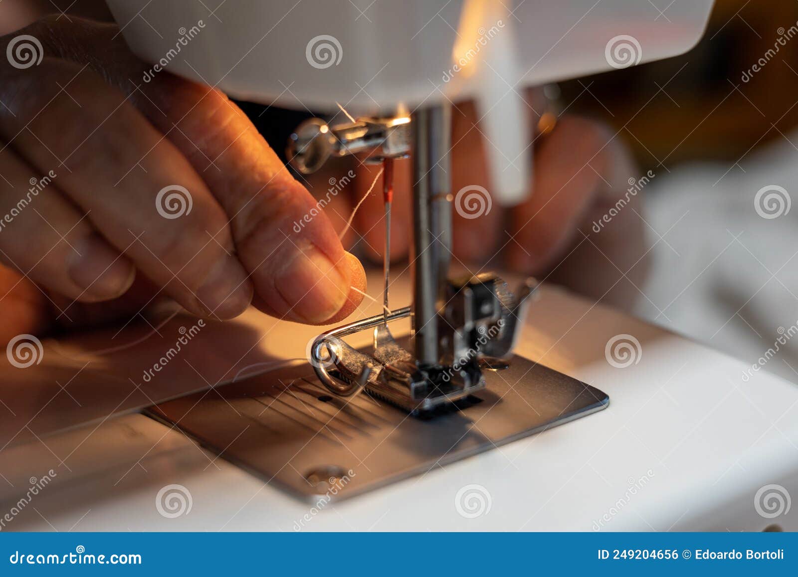 Fabric Sewing Seamstress& X27;s Hands Working with Sewing Machine