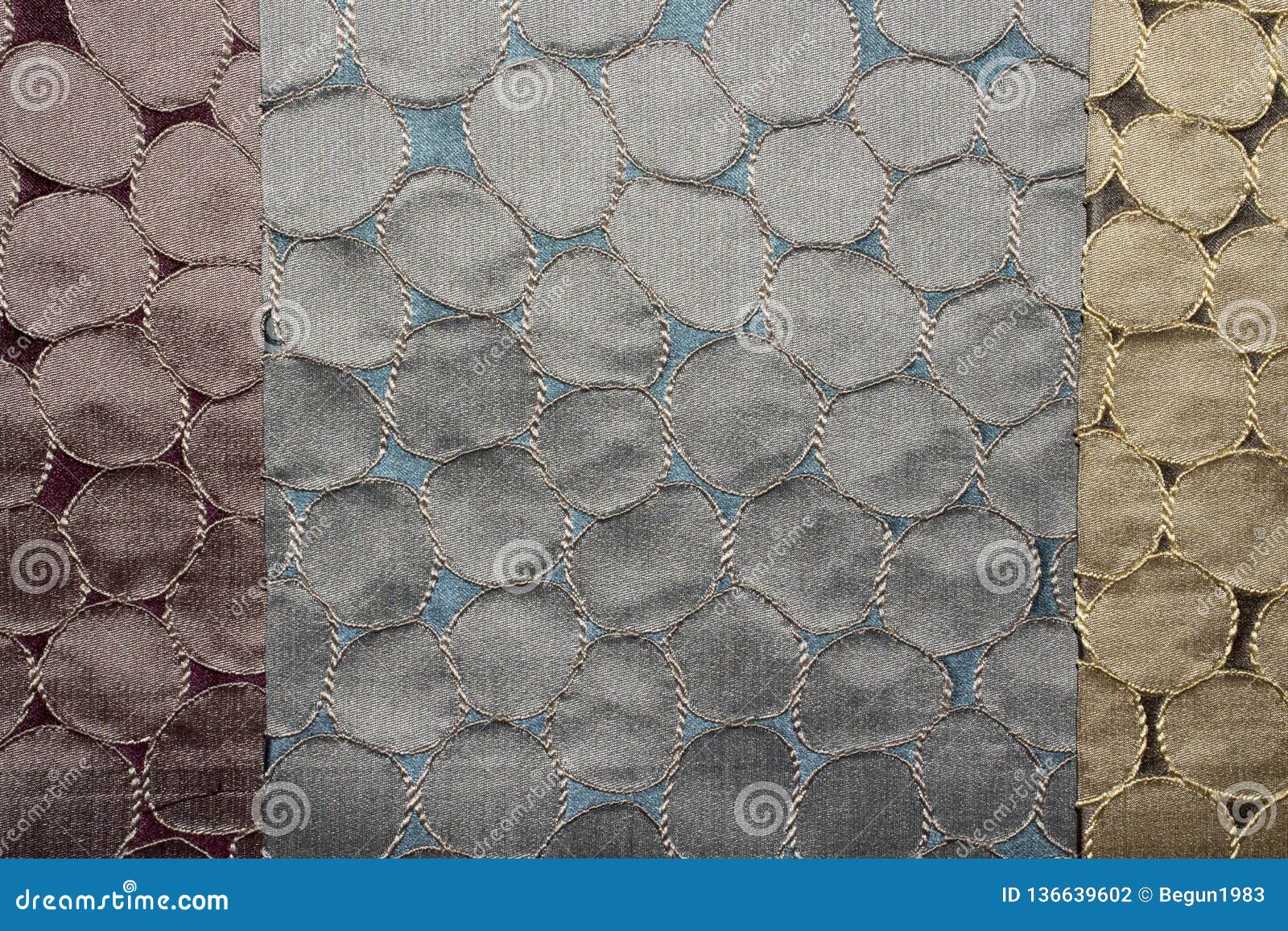 Fabric Texture Embroidered with Round Silk Patterns. Stock Photo
