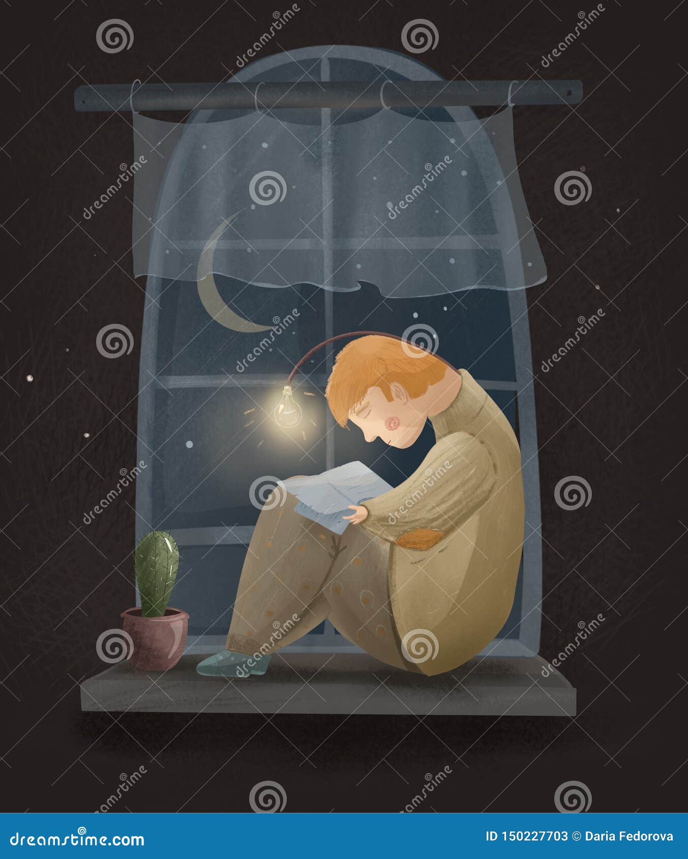 fabulous boy sitting on the window and reading a book under the lamp.