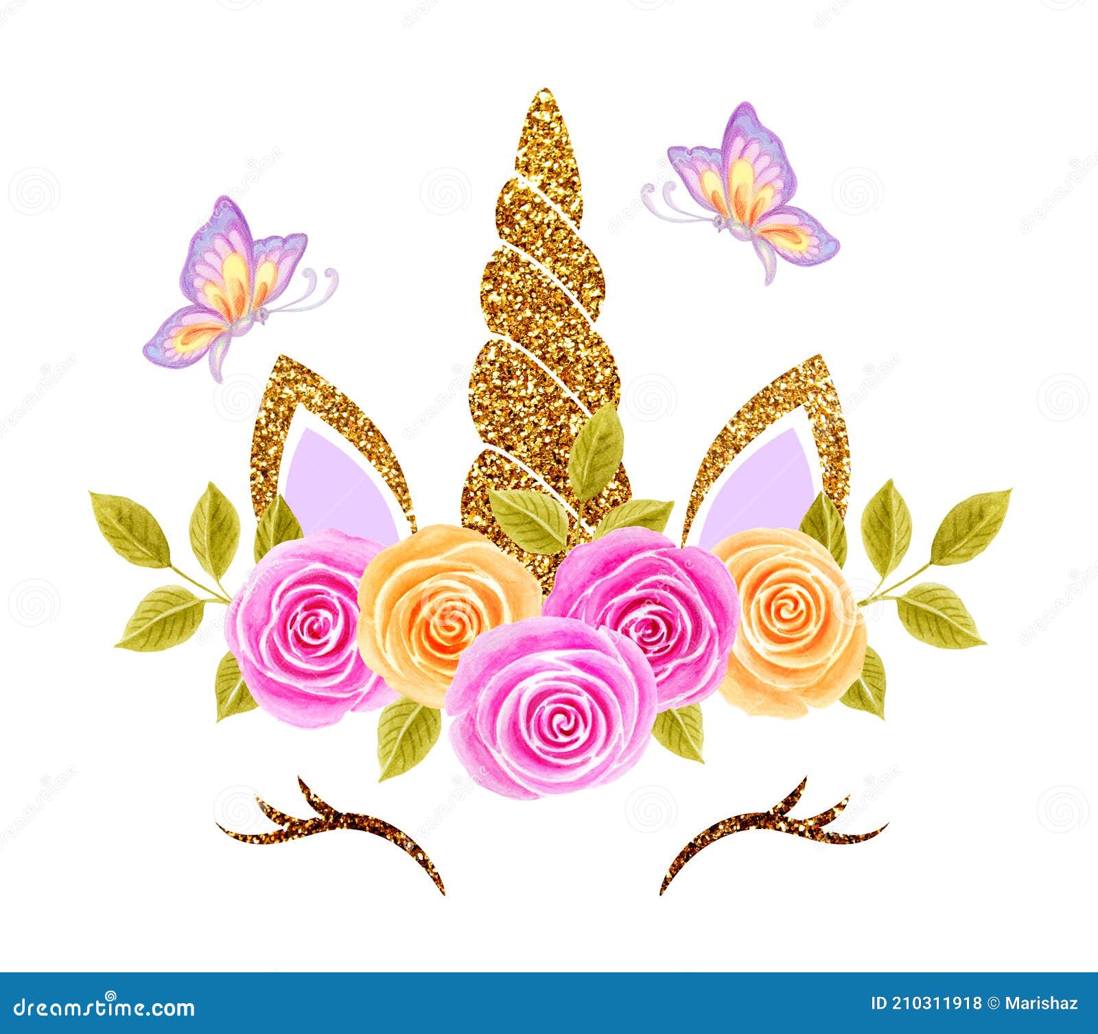 fabulous cute unicorn and butterflies with golden gilded horn and beautiful roses flowers wreath  on white background