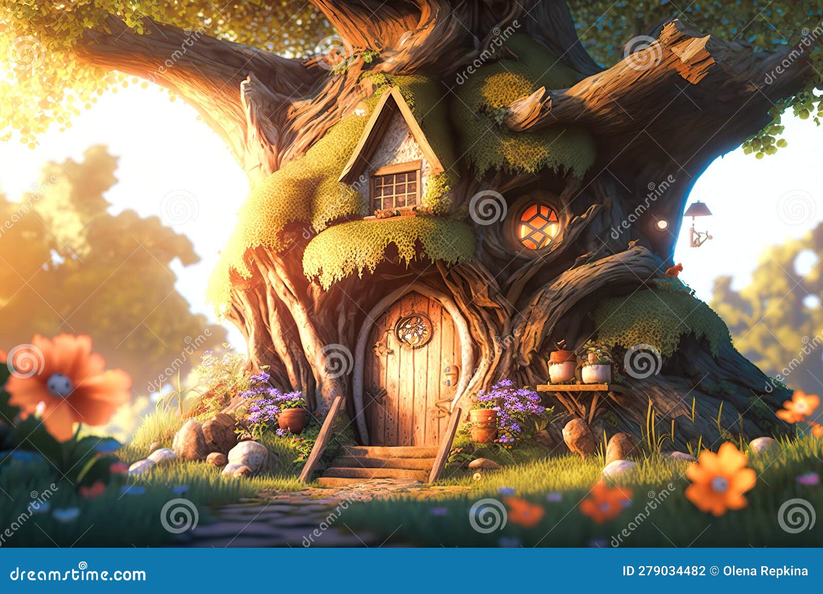 Fabulous House Inside a Mighty Sprawling Tree Stock Illustration