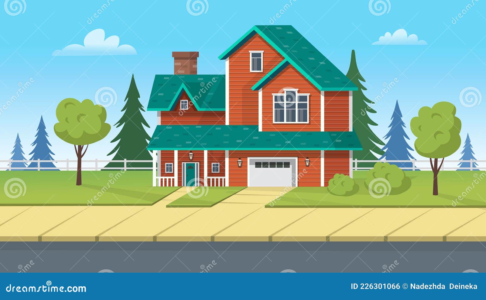 Facade Building, Suburban House with Garage and Green Lawn. Vector Cartoon  Illustration for Games or Animation Stock Vector - Illustration of  landscape, construction: 226301066