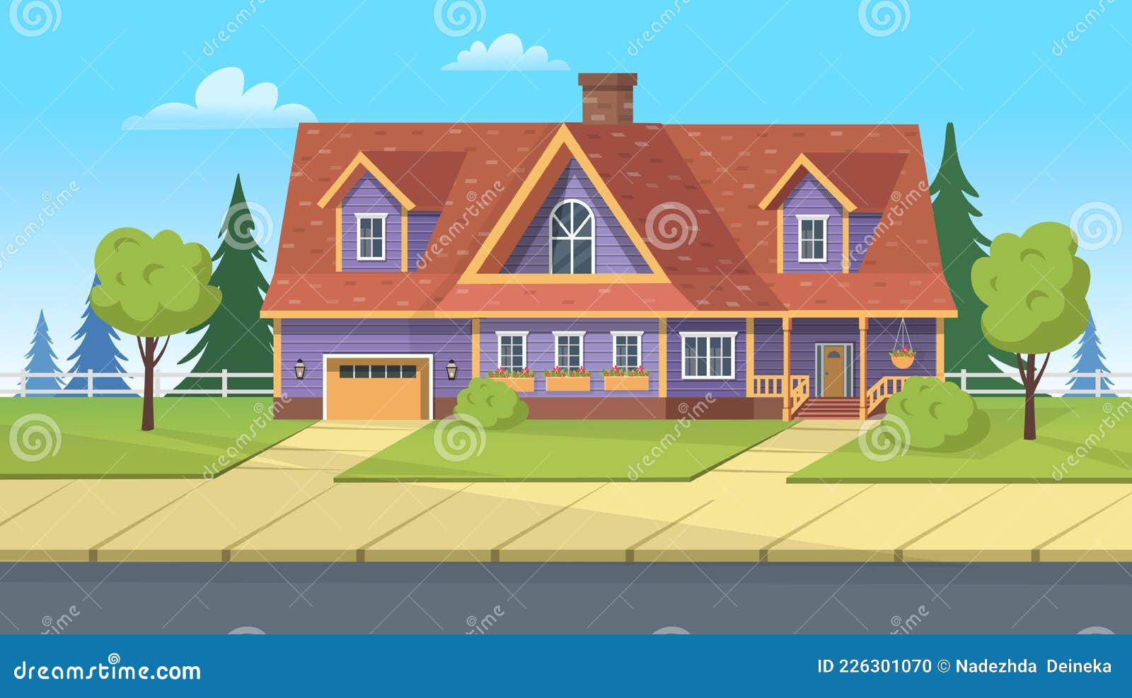 Facade Building, Suburban House with Garage and Green Lawn. Vector Cartoon  Illustration for Games or Animation Stock Vector - Illustration of country,  city: 226301070
