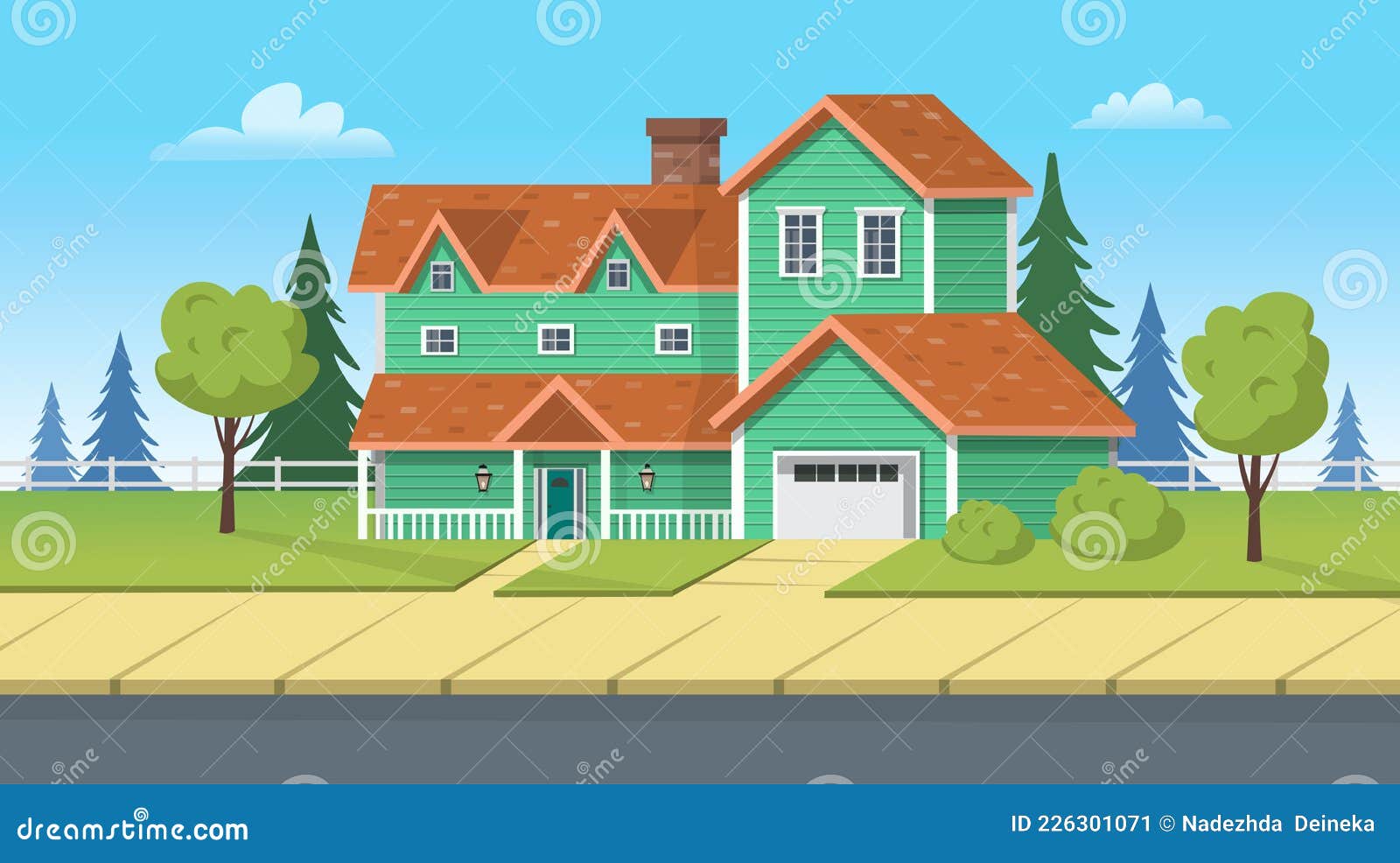 Facade Building, Suburban House with Garage and Green Lawn. Vector Cartoon  Illustration for Games or Animation Stock Vector - Illustration of housing,  buildings: 226301071