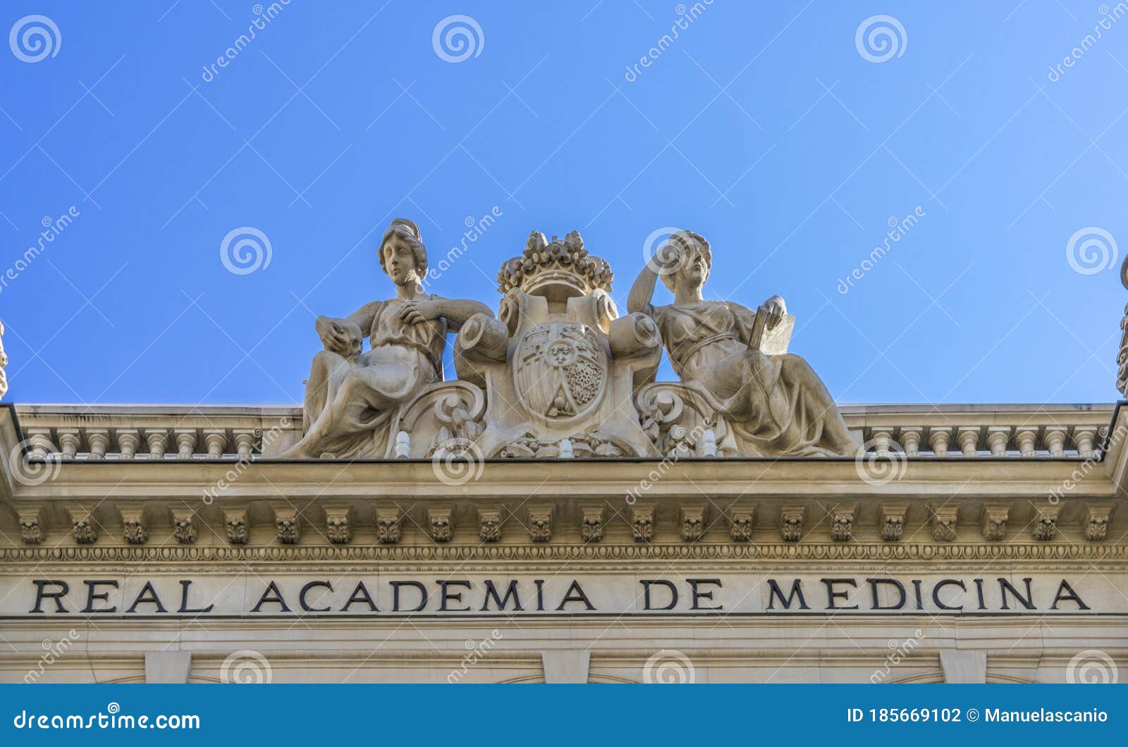 facade detail of real academia nacional de medicina royal academy of medicine building. madrid, spain