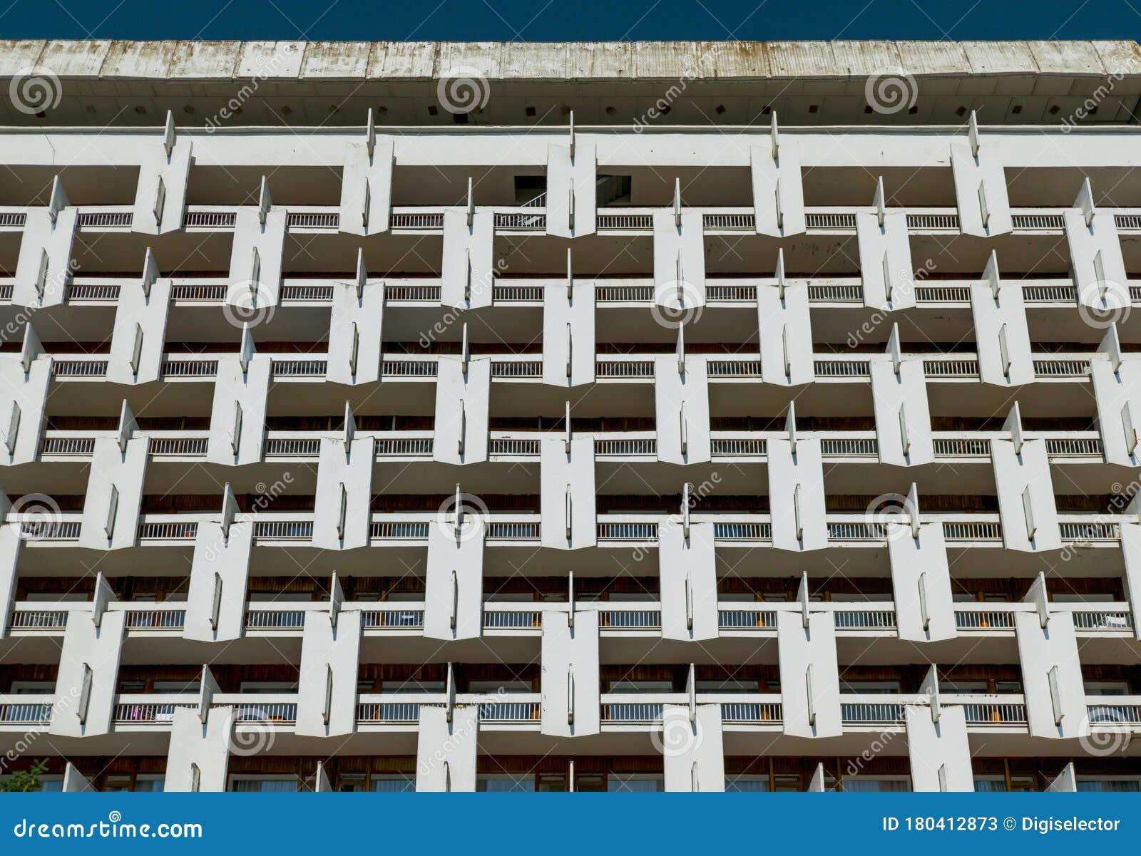 facade detail of soviet modernism building in pyatigorsk, russia