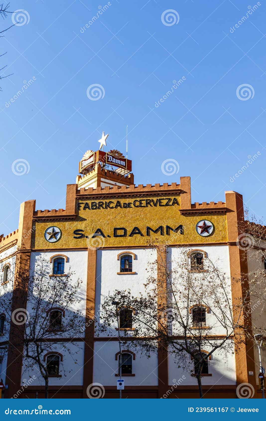 facade of the estrella damm beer brewery in el eixample in barcelona, catalonia, spain, europe