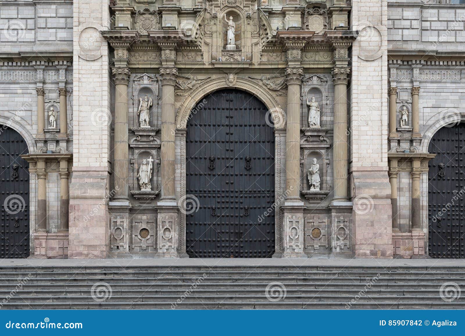 facade of lima cathedral at plaza de armas