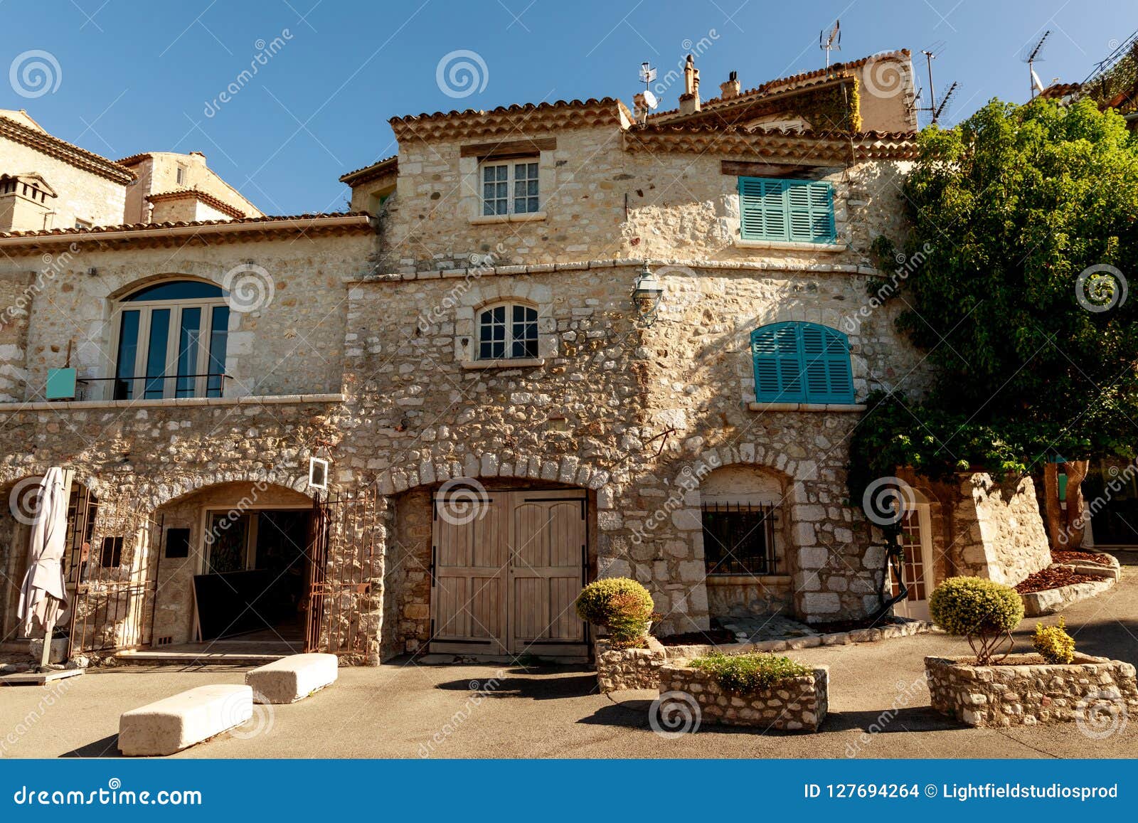 facade of luxury stone building at old european town, antibes, france