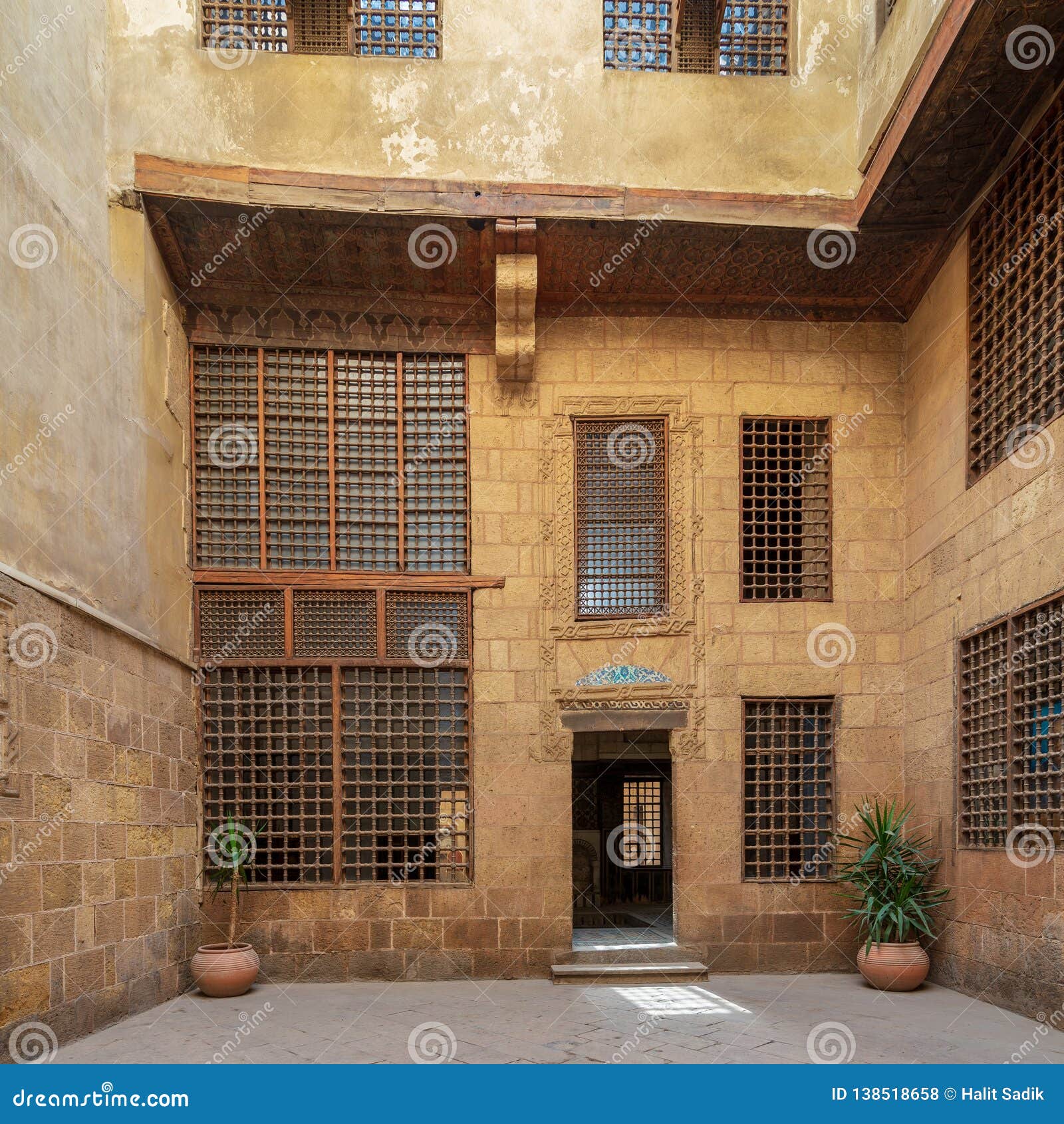 facade of ottoman era historic house of moustafa gaafar al seleehdar, cairo, egypt, with interleaved wooden windows mashrabiya