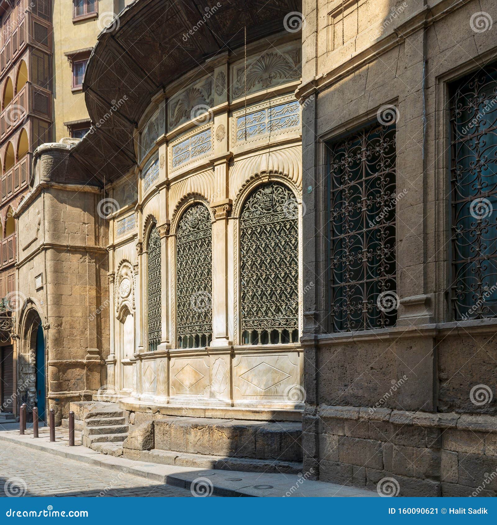 facade of ottoman era historic soliman agha el silahdar complex, moez street, old cairo, egypt