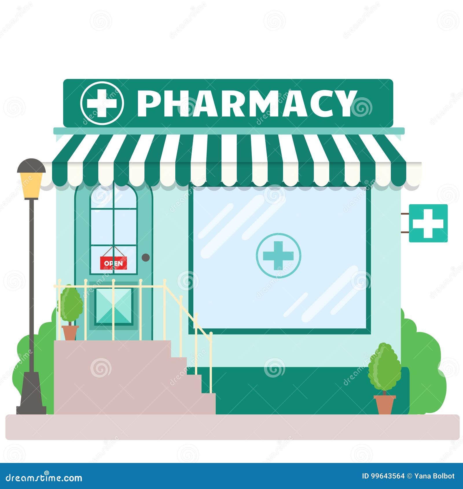 Facade Pharmacy Store With A Signboard Awning And Symbol In