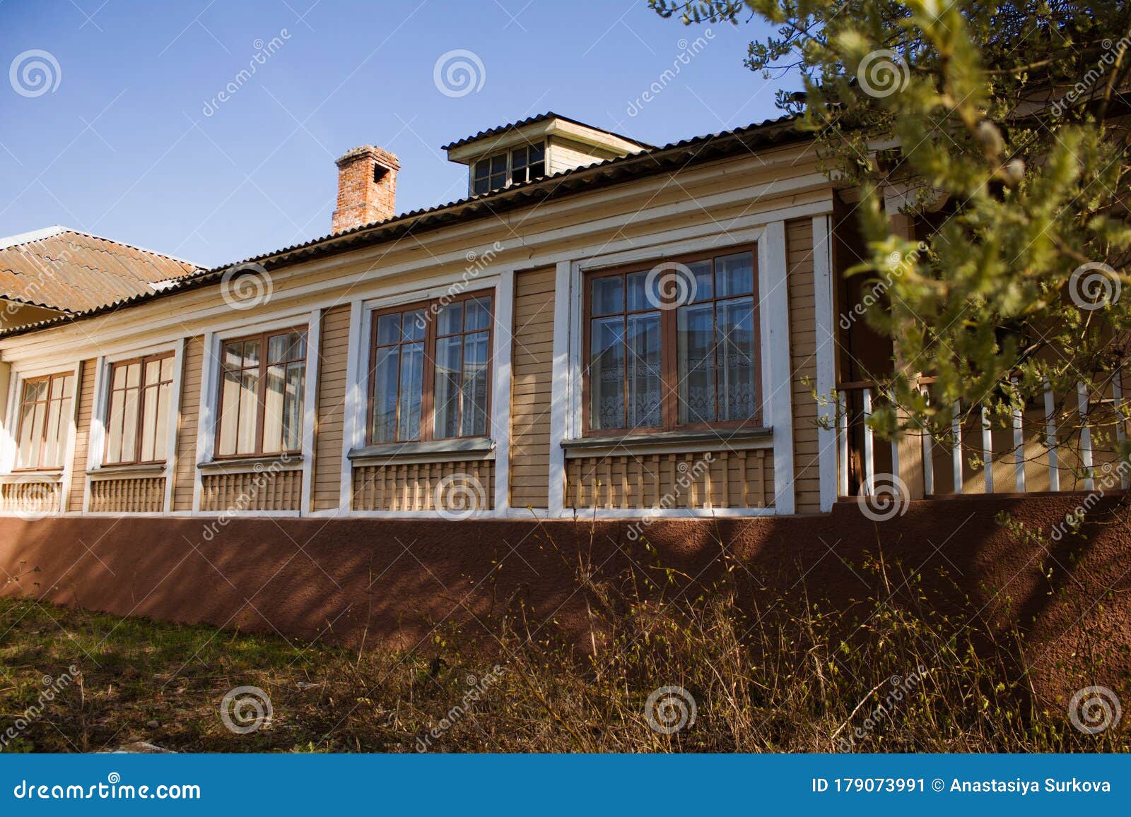 Facade of a Vintage Wooden Building. in the Foreground a Tree Grows