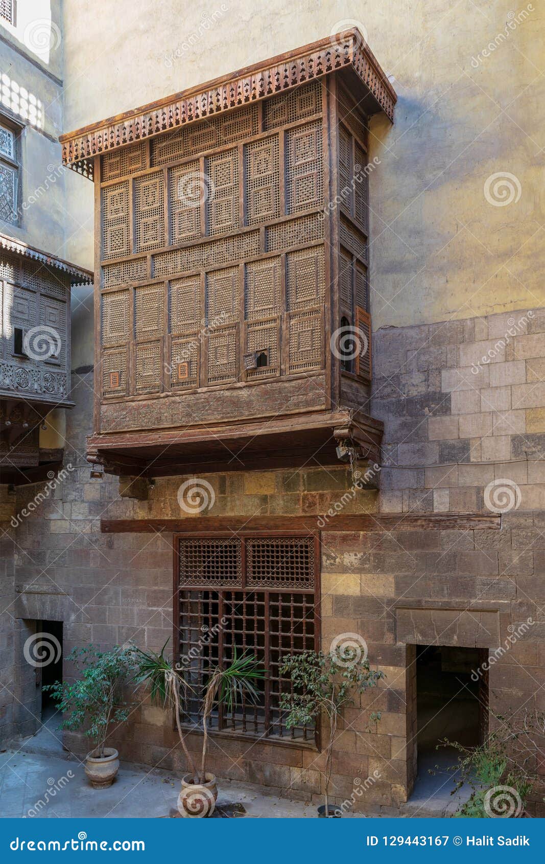 facade of zeinab khatoun historic house with mamluk era style oriel window mashrabiya, cairo, egypt