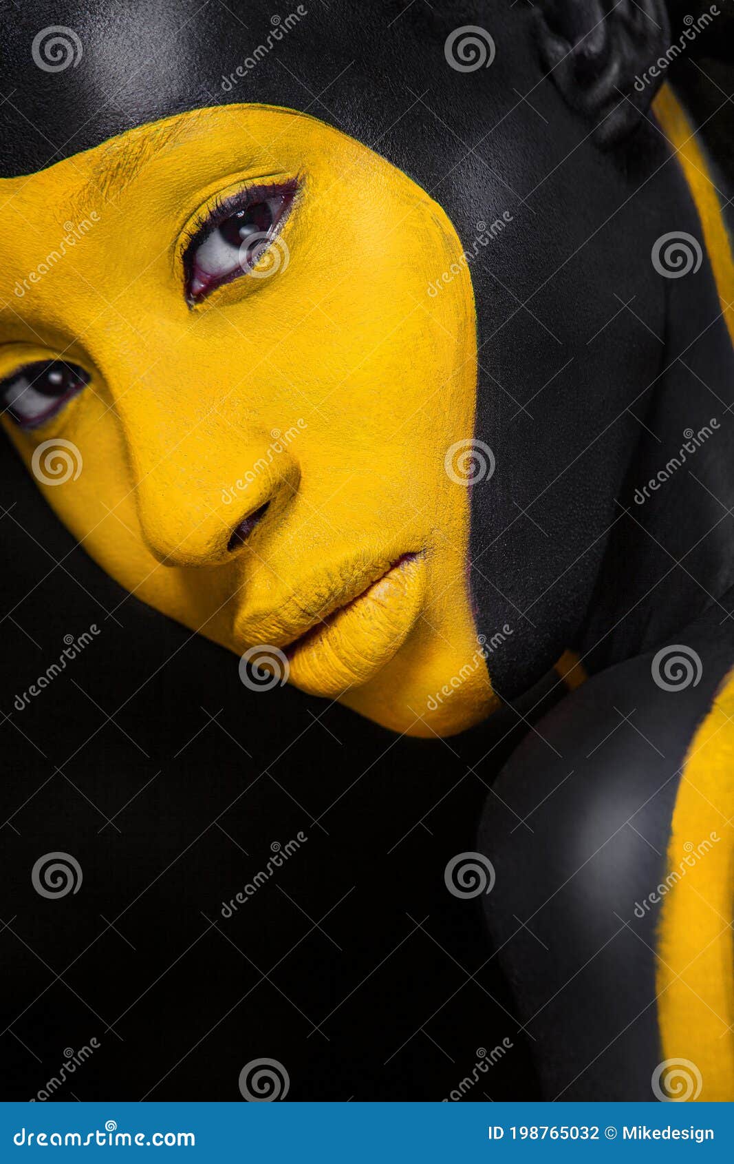 Face Art Woman With Black And Yellow Body Paint Young African Girl