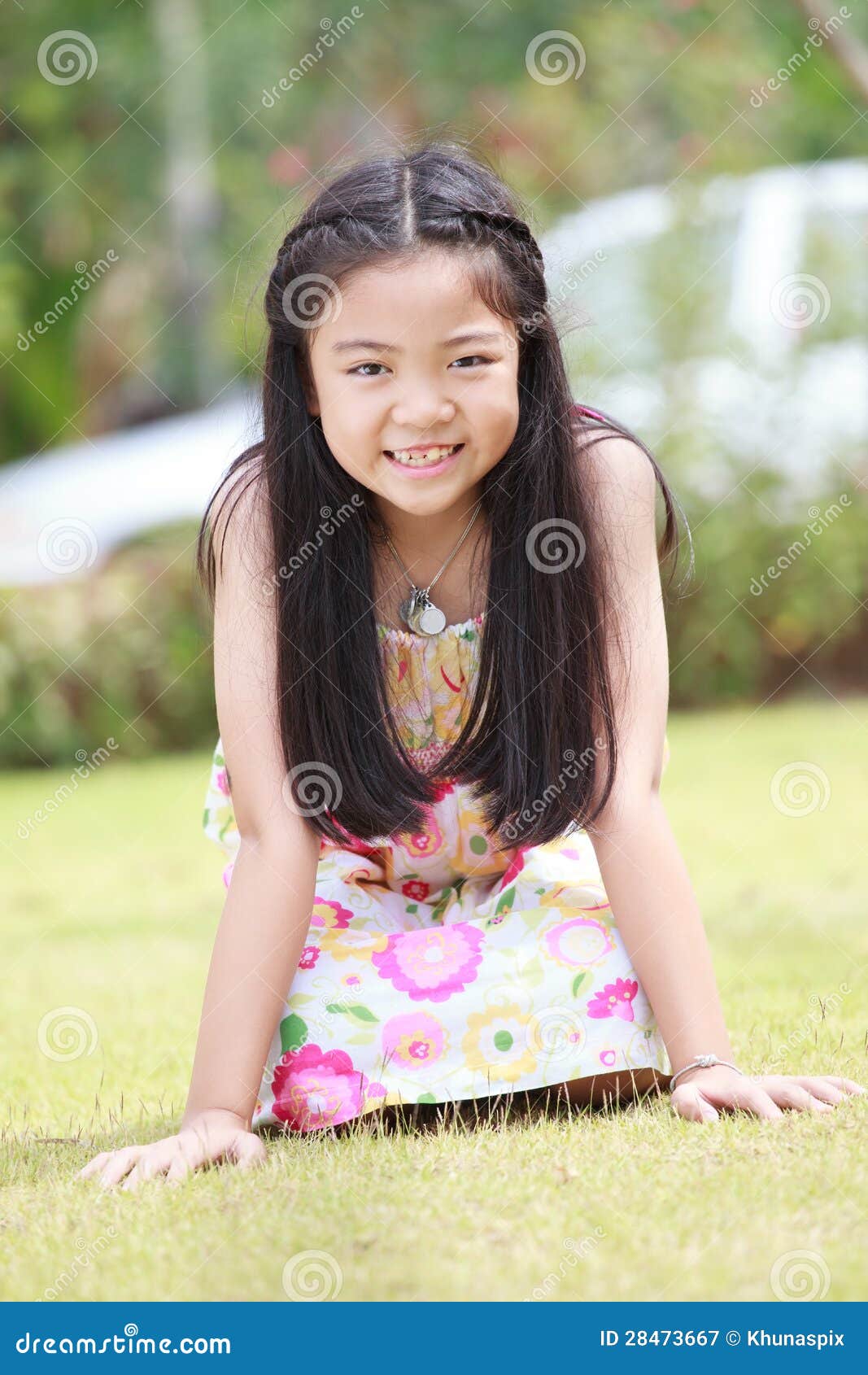 Face Of Asian Girl With Long Hair Sitting On Green Grass ...