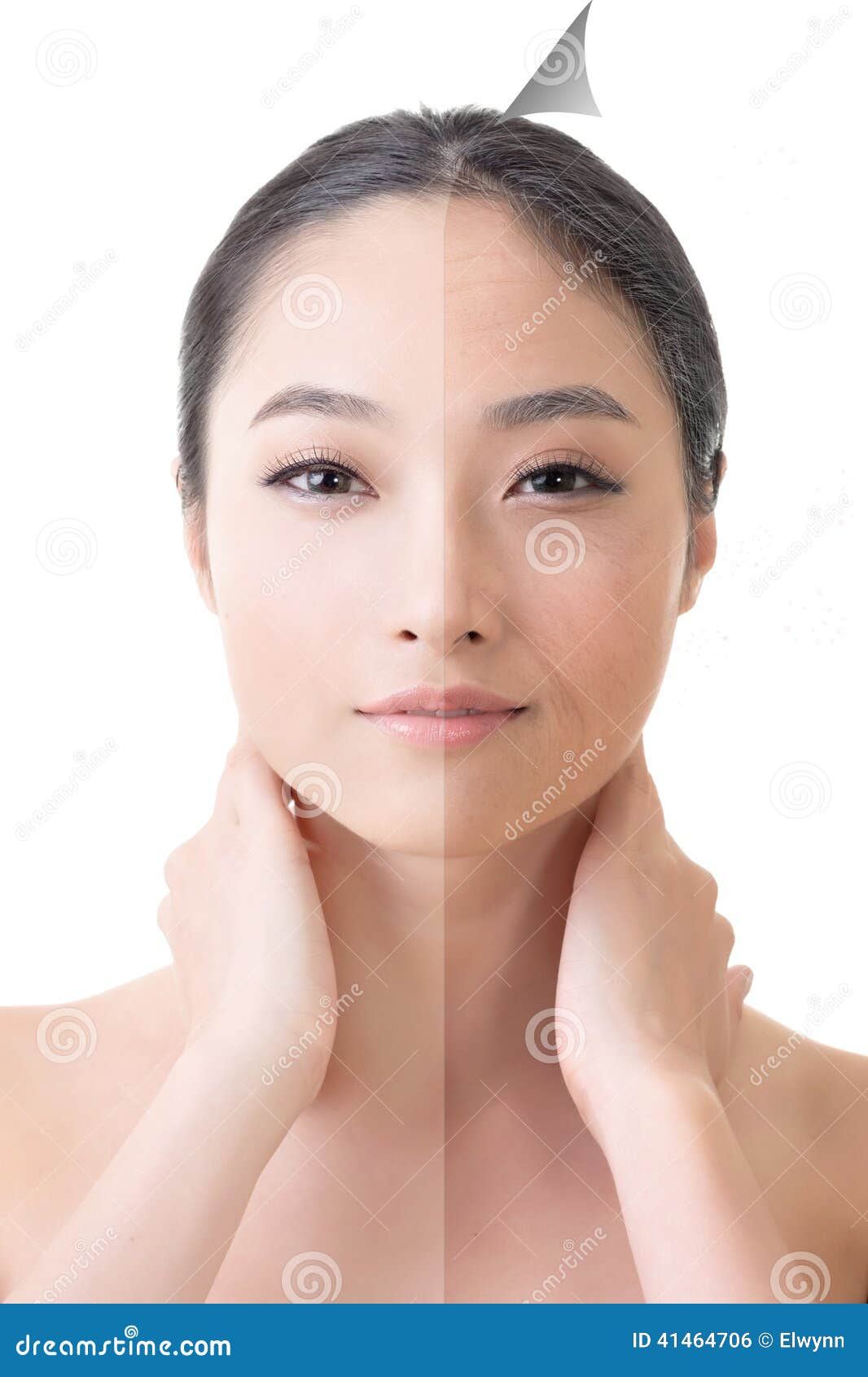 face of beautiful asian woman before and after retouch