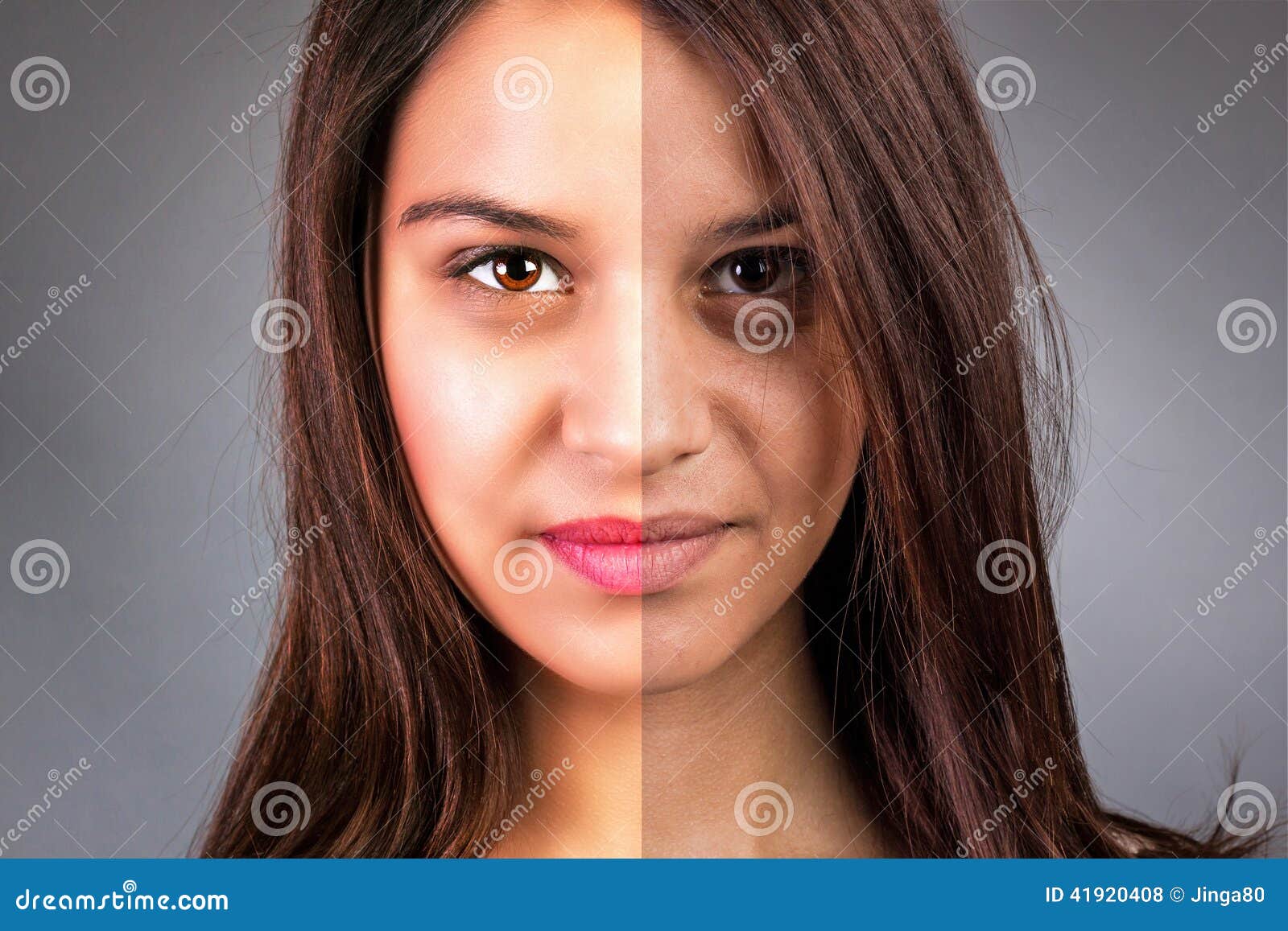 face of beautiful young woman before and after retouch